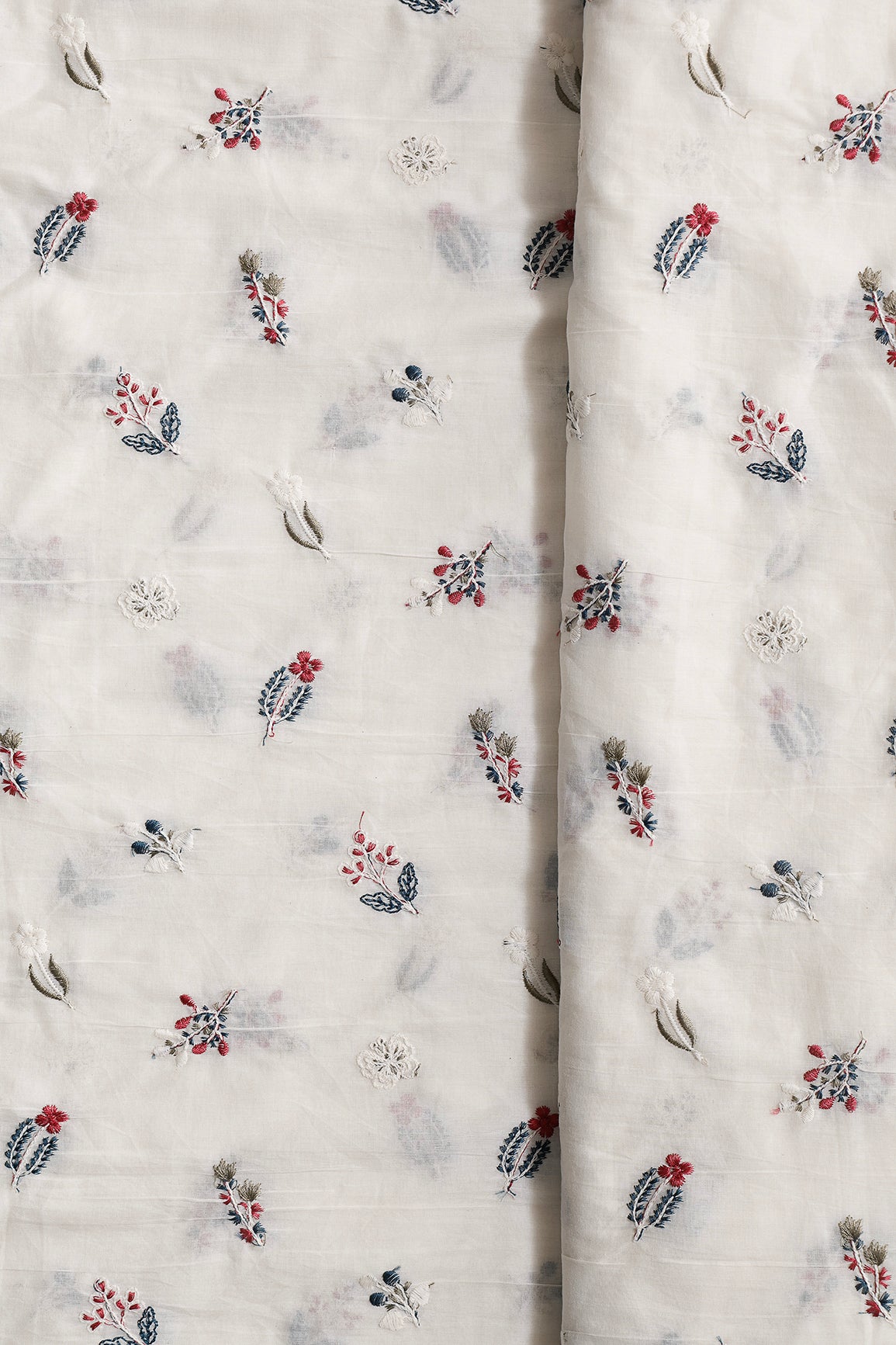 Beautiful Multi Thread Leafy Embroidery Work On Off White Organic Cotton Fabric