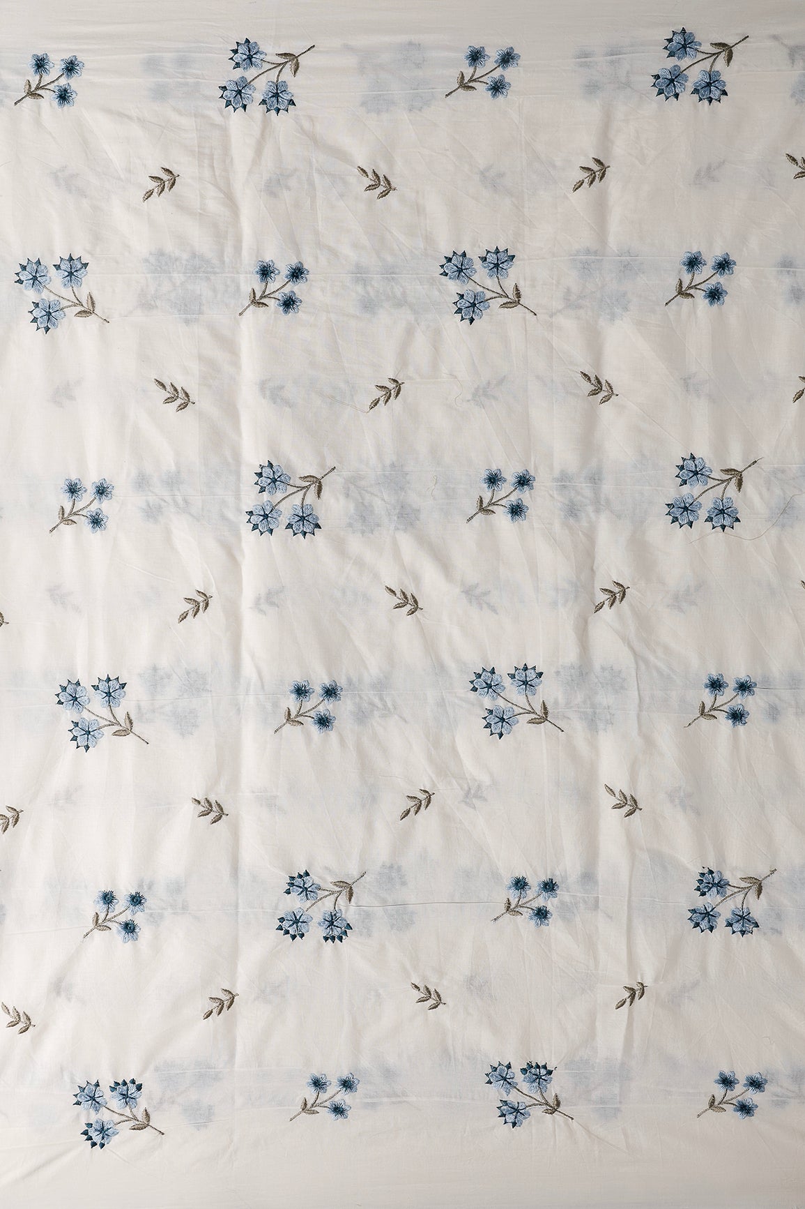 Rama And Sky Blue Thread Beautiful Floral Embroidery Work On Off White Organic Cotton Fabric