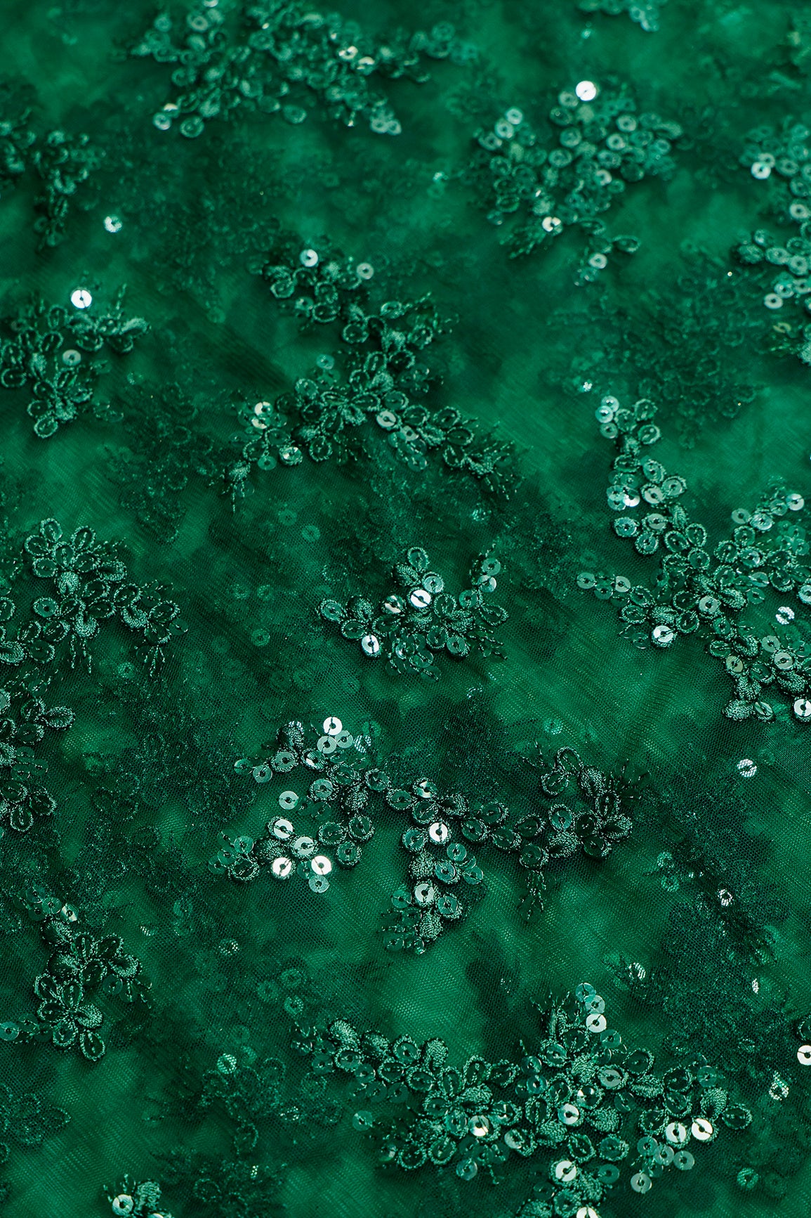 1 Meter Cut Piece Of Exclusive Green Thread With Sequins Abstract Embroidery Work On Bottle Green Soft Net Fabric