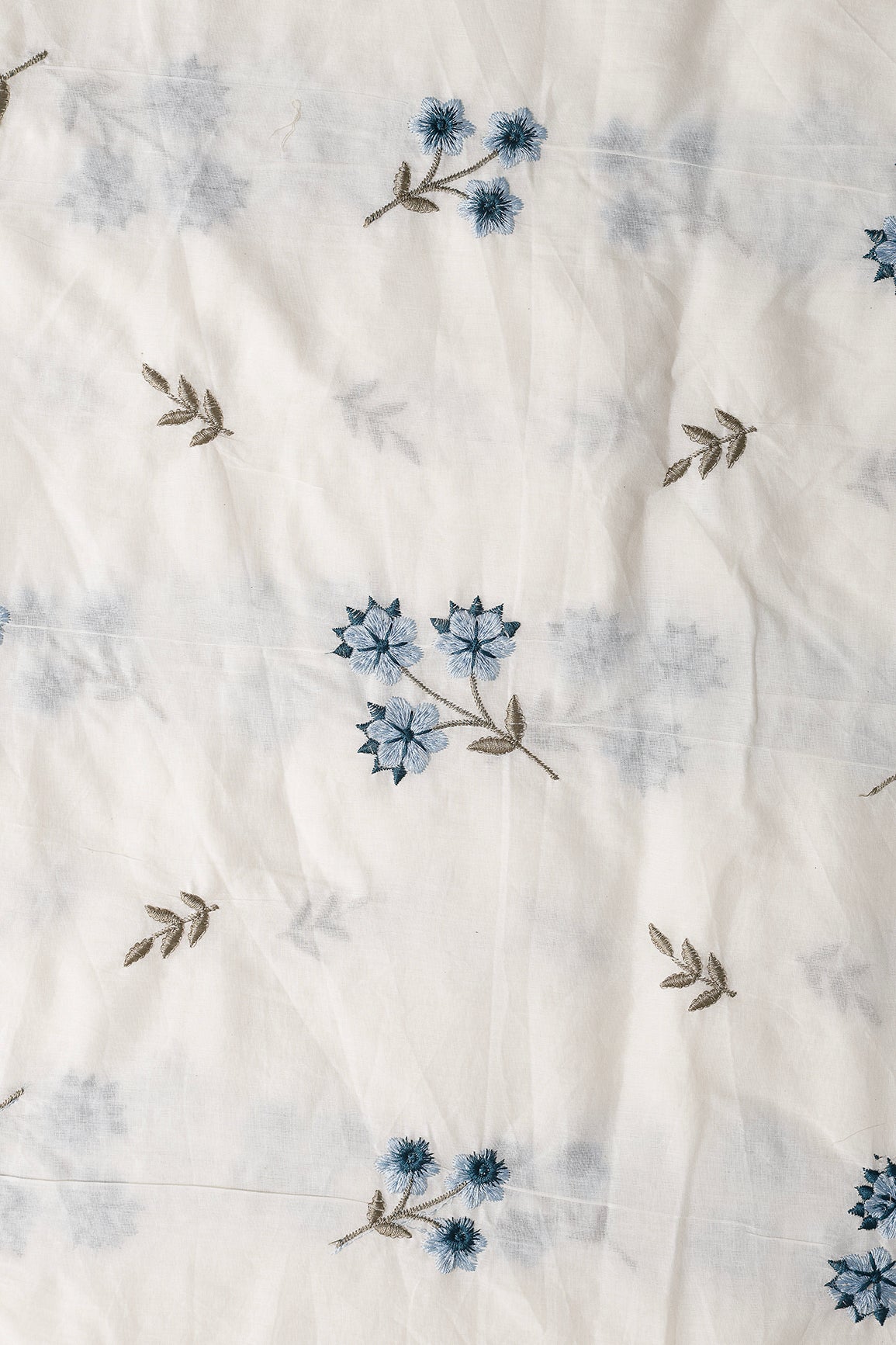 Rama And Sky Blue Thread Beautiful Floral Embroidery Work On Off White Organic Cotton Fabric