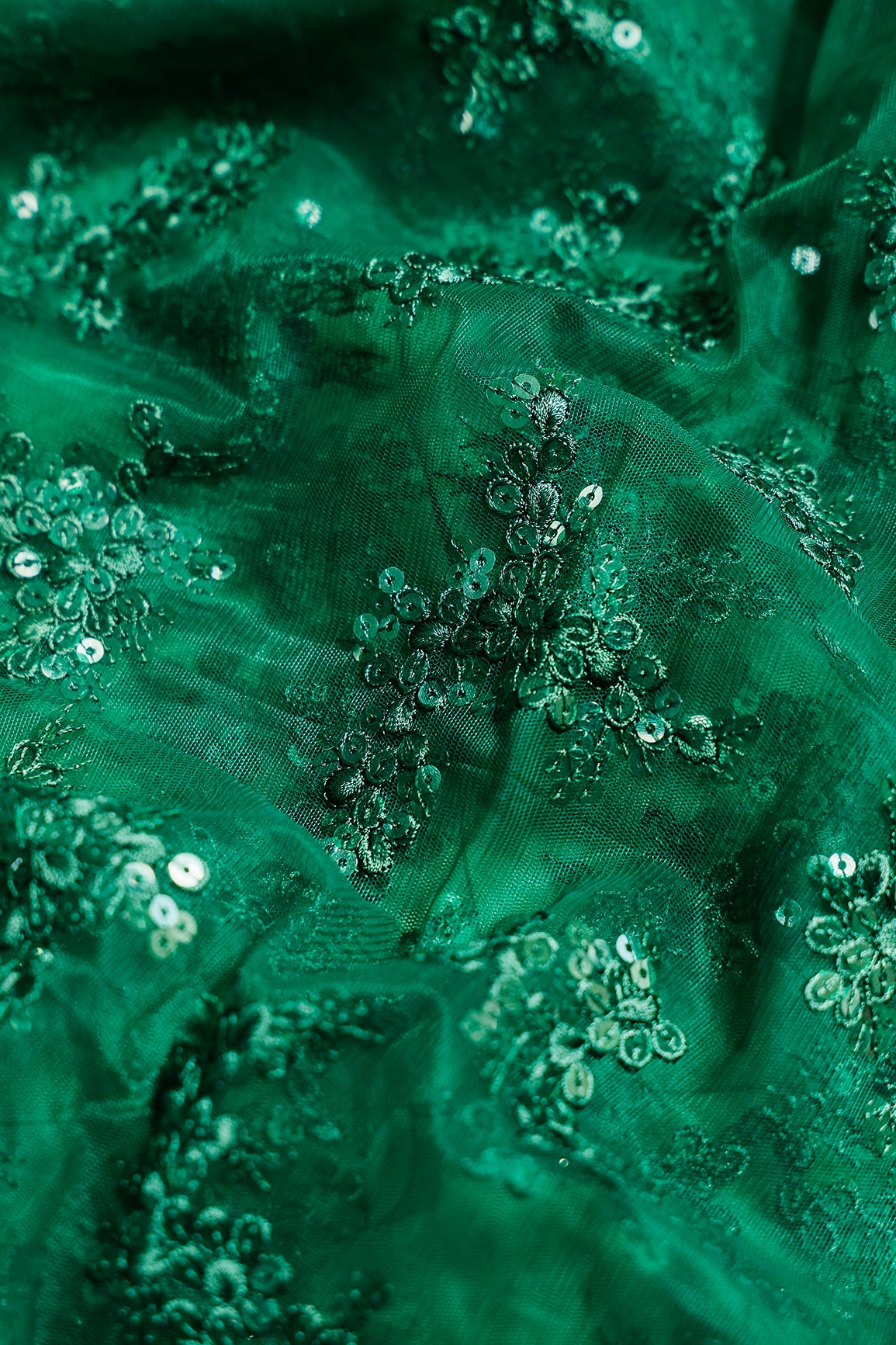 1 Meter Cut Piece Of Exclusive Green Thread With Sequins Abstract Embroidery Work On Bottle Green Soft Net Fabric