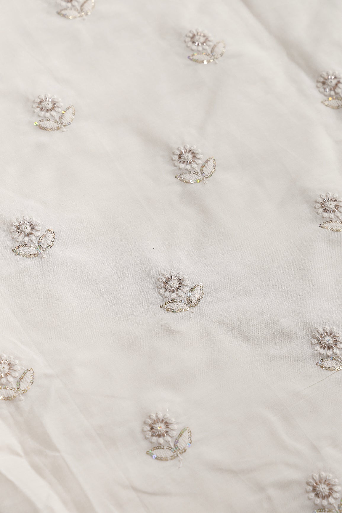 Multi Sequins & Beads With Thread Floral Leafy Embroidery Work On Off White Organic Cotton Fabric