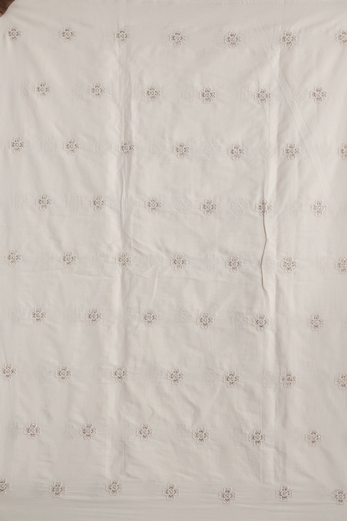 Multi Sequins & Beads With Thread Floral Motif Embroidery Work On Off White Organic Cotton Fabric