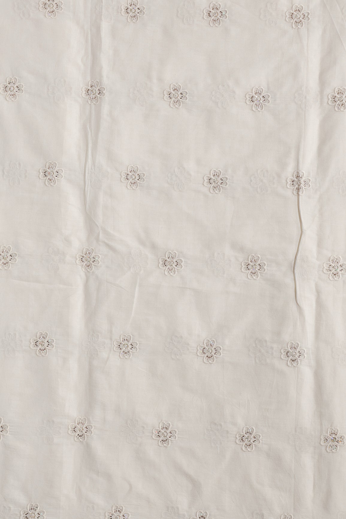 Multi Sequins & Beads With Thread Floral Motif Embroidery Work On Off White Organic Cotton Fabric