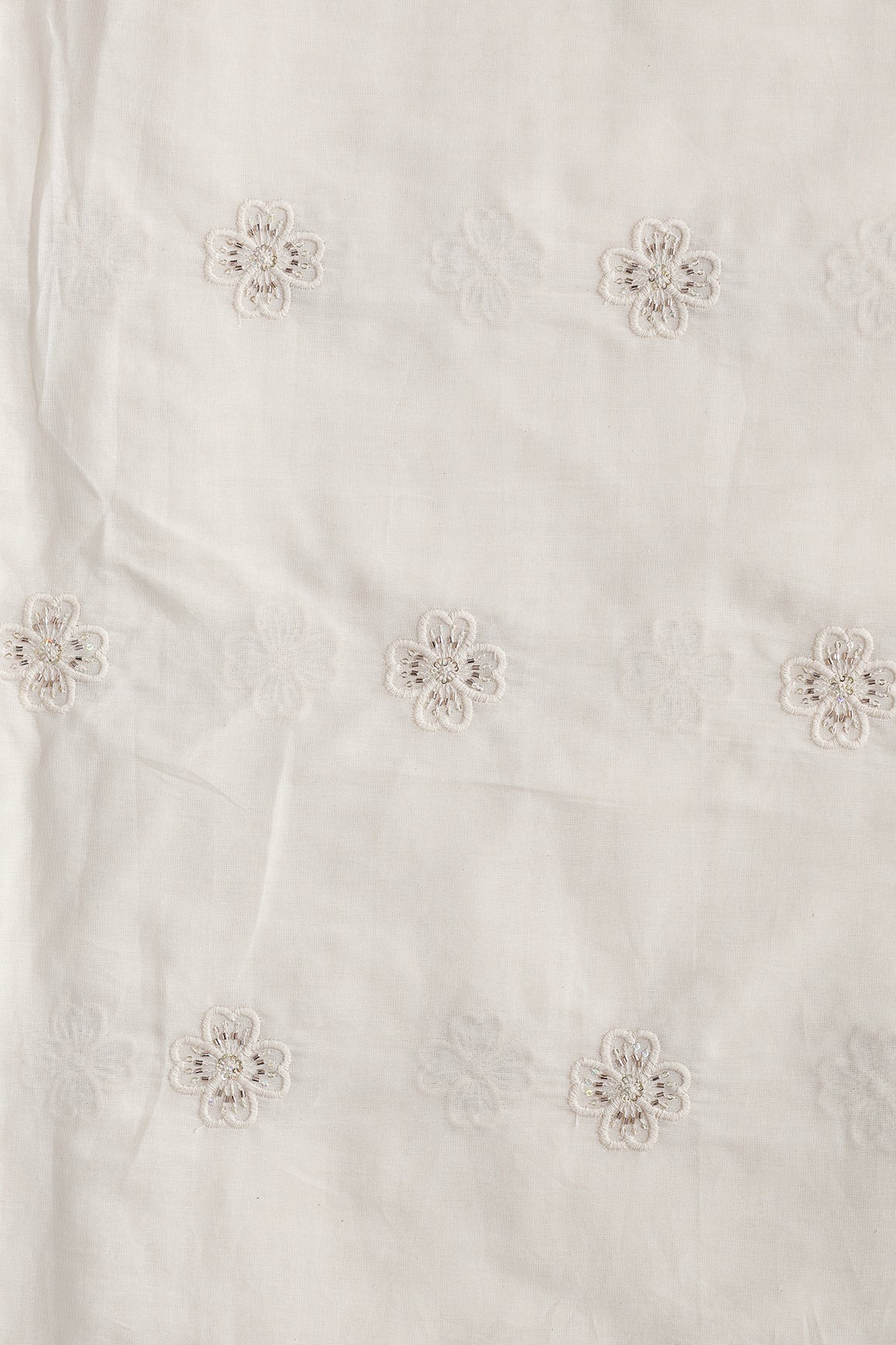 Multi Sequins & Beads With Thread Floral Motif Embroidery Work On Off White Organic Cotton Fabric