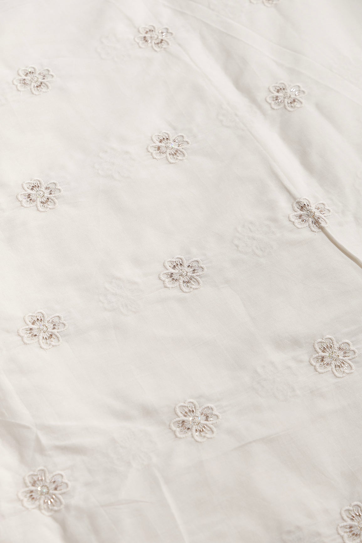 Multi Sequins & Beads With Thread Floral Motif Embroidery Work On Off White Organic Cotton Fabric