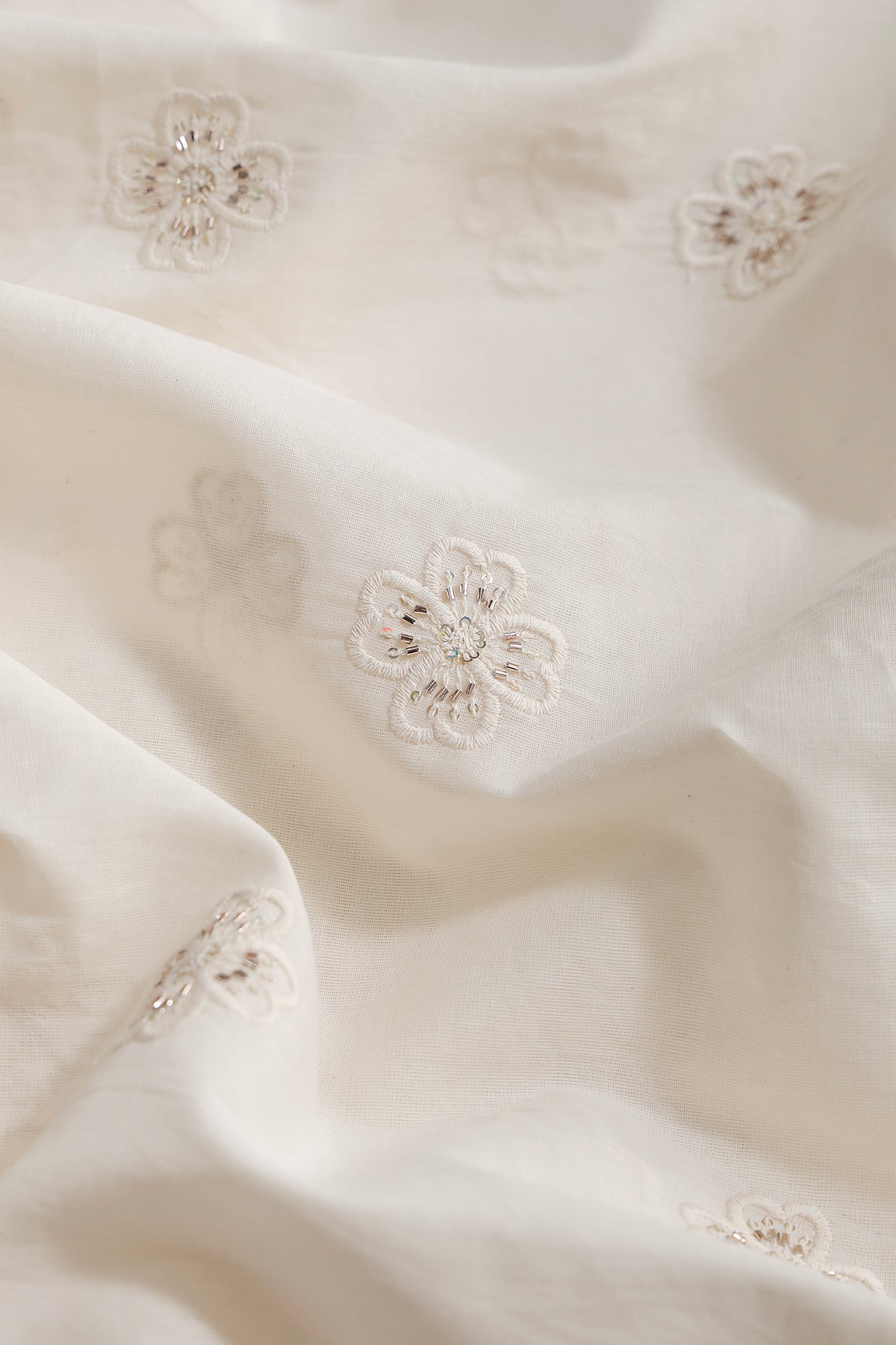 Multi Sequins & Beads With Thread Floral Motif Embroidery Work On Off White Organic Cotton Fabric