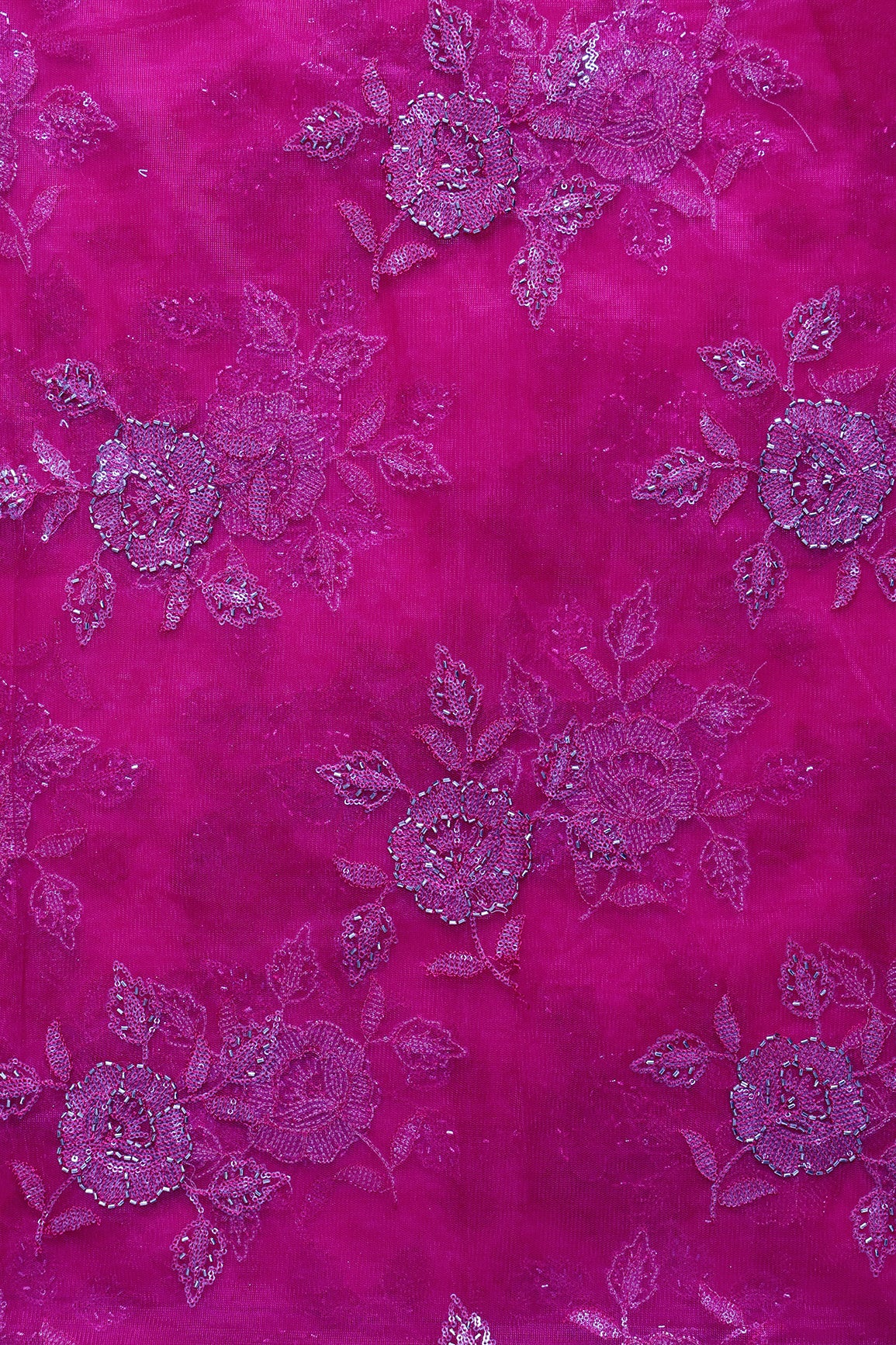 1.40 Meter Cut Piece Of Rani Thread & Beads With Water Sequins Floral Embroidery Work On Rani Soft Net Fabric