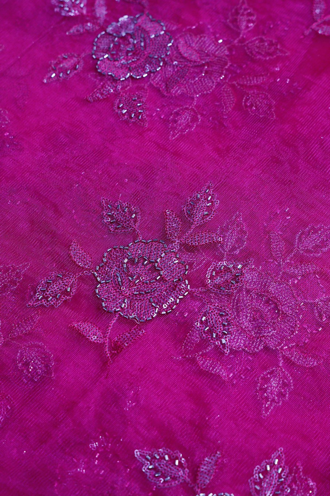 1.40 Meter Cut Piece Of Rani Thread & Beads With Water Sequins Floral Embroidery Work On Rani Soft Net Fabric