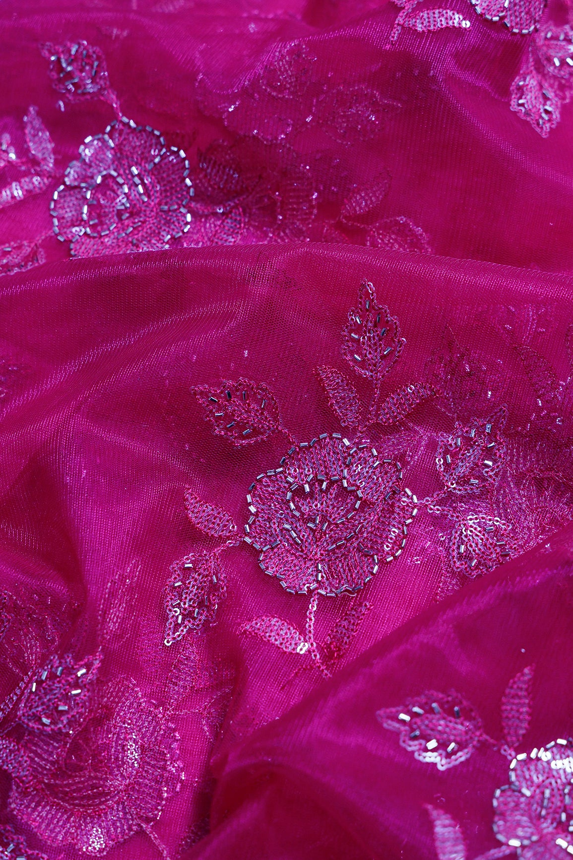 1.40 Meter Cut Piece Of Rani Thread & Beads With Water Sequins Floral Embroidery Work On Rani Soft Net Fabric