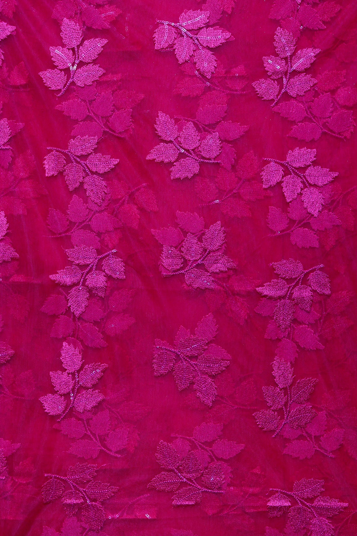 2.75 Meter Cut Piece Of Gorgeous Pink Thread With Sequins Floral Leafy Embroidery On Dark Pink Soft Net Fabric