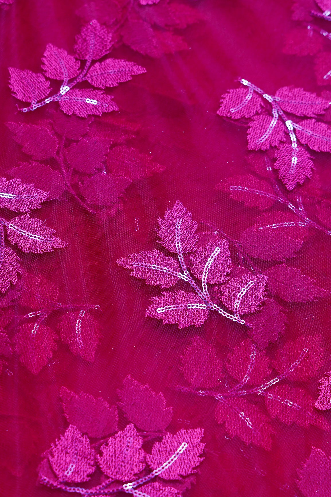 2.75 Meter Cut Piece Of Gorgeous Pink Thread With Sequins Floral Leafy Embroidery On Dark Pink Soft Net Fabric