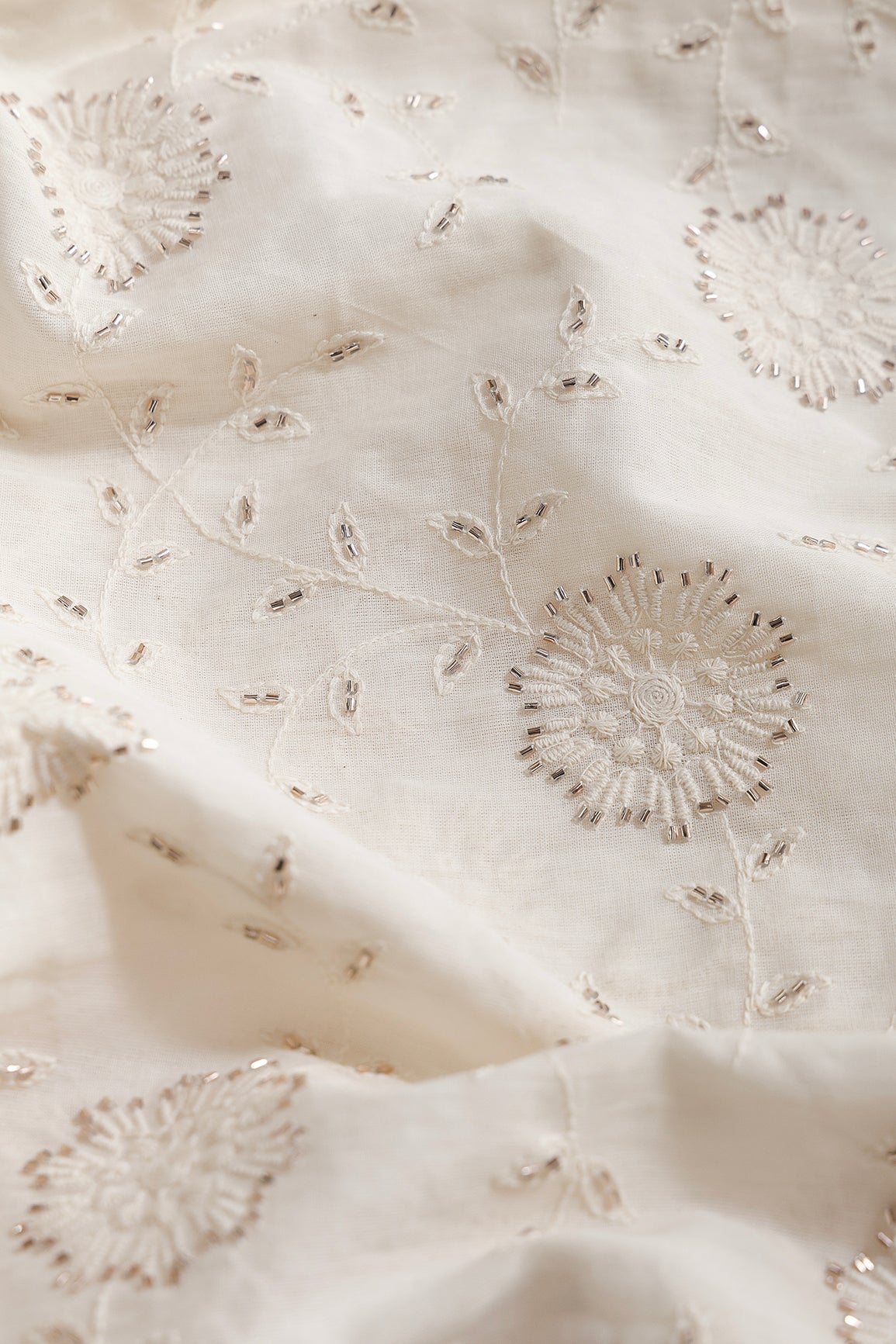 Thread With Beads Floral Embroidery Work On Off White Organic Cotton Fabric
