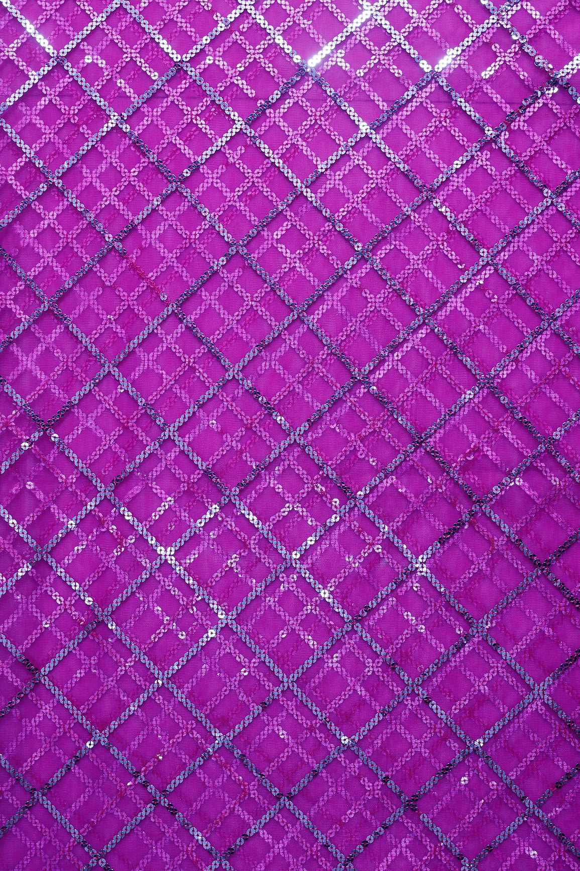 2 Meter Cut Piece Of Silver Sequins With Thread Checks Embroidery Work On Fuchsia Soft Net Fabric