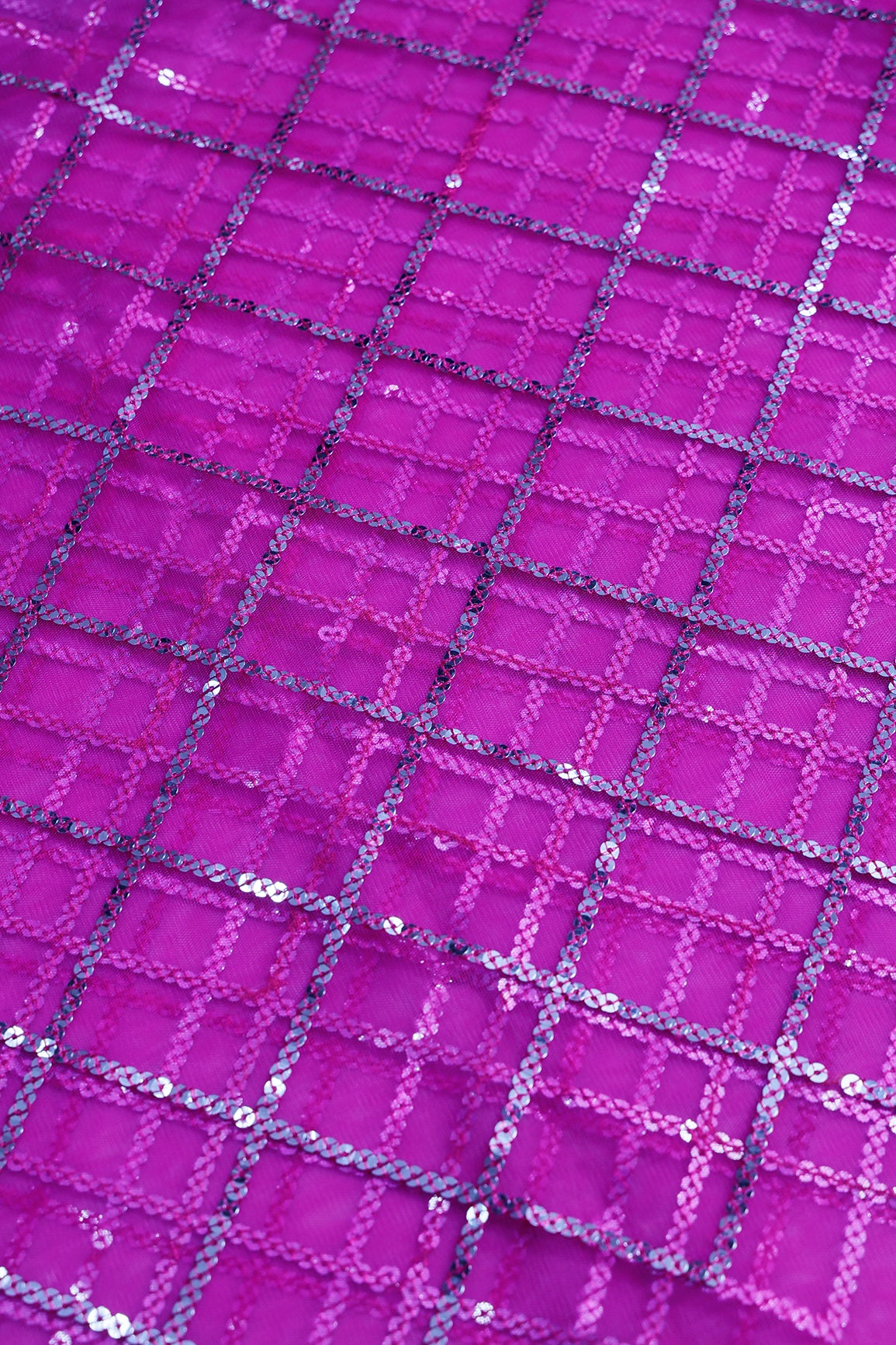 2 Meter Cut Piece Of Silver Sequins With Thread Checks Embroidery Work On Fuchsia Soft Net Fabric