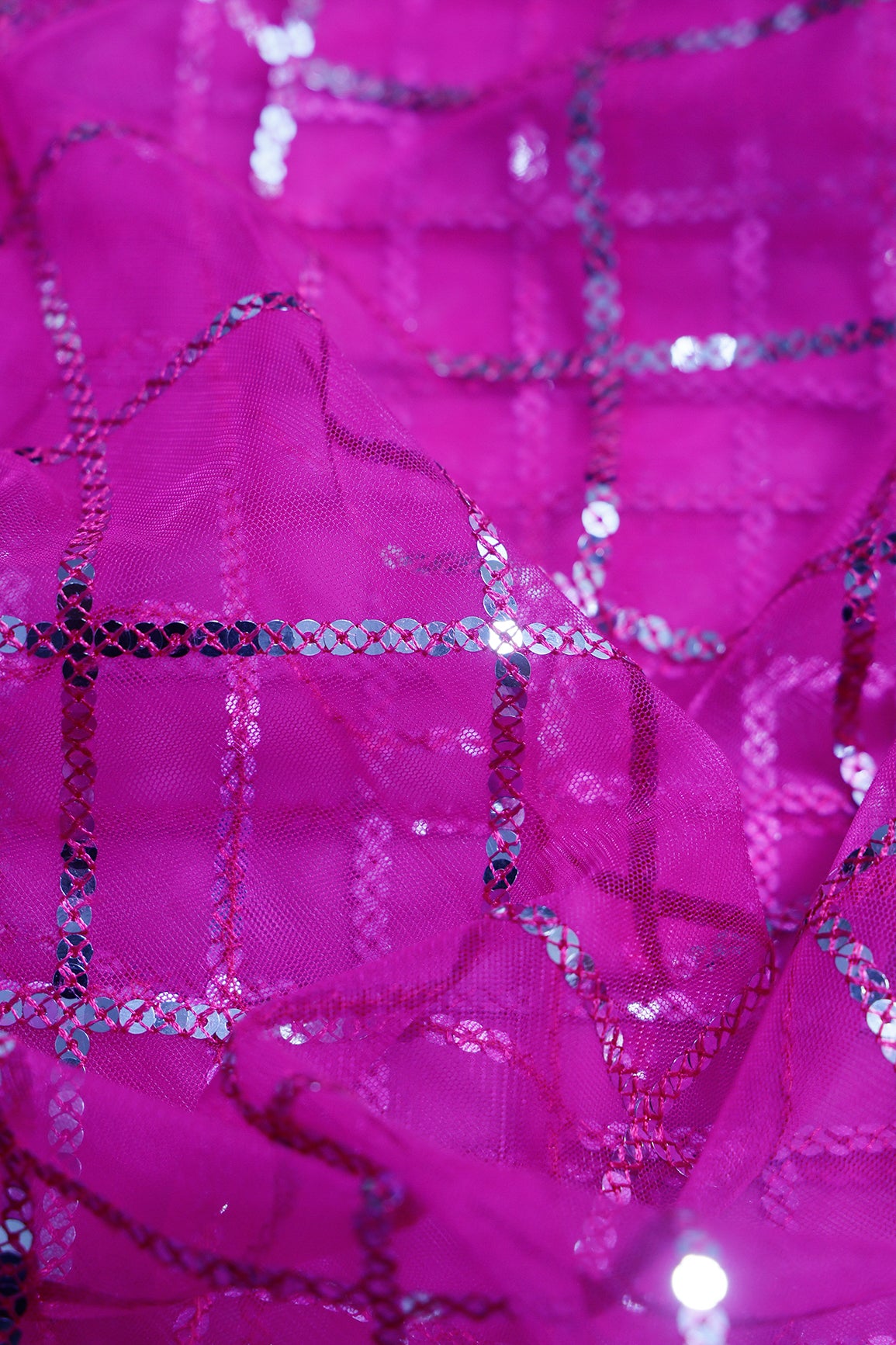 2 Meter Cut Piece Of Silver Sequins With Thread Checks Embroidery Work On Fuchsia Soft Net Fabric