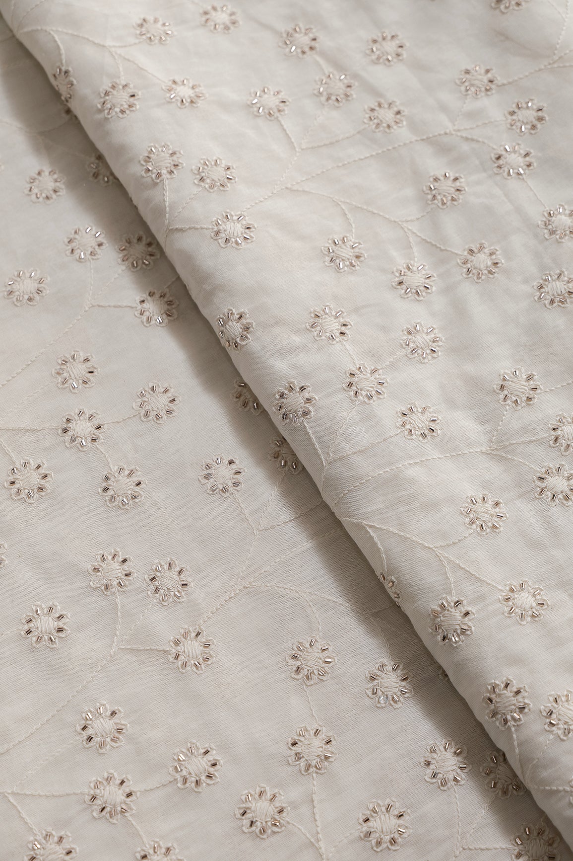 Thread With Beads Floral Embroidery Work On Off White Organic Cotton Fabric