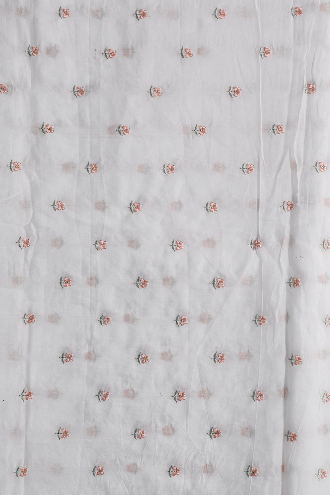 Peach & Olive Thread Small Floral Embroidery Work On White Pure Mul Cotton Fabric