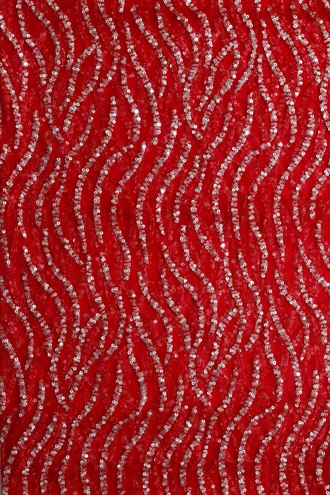 2 Meter Cut Piece Of Gold And Silver Sequins With Red Thread Wavy Embroidery Work On Red Soft Net Fabric