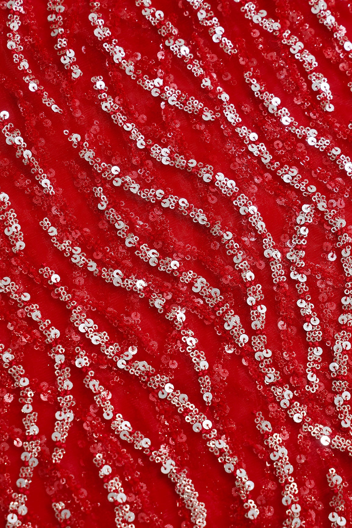 2 Meter Cut Piece Of Gold And Silver Sequins With Red Thread Wavy Embroidery Work On Red Soft Net Fabric