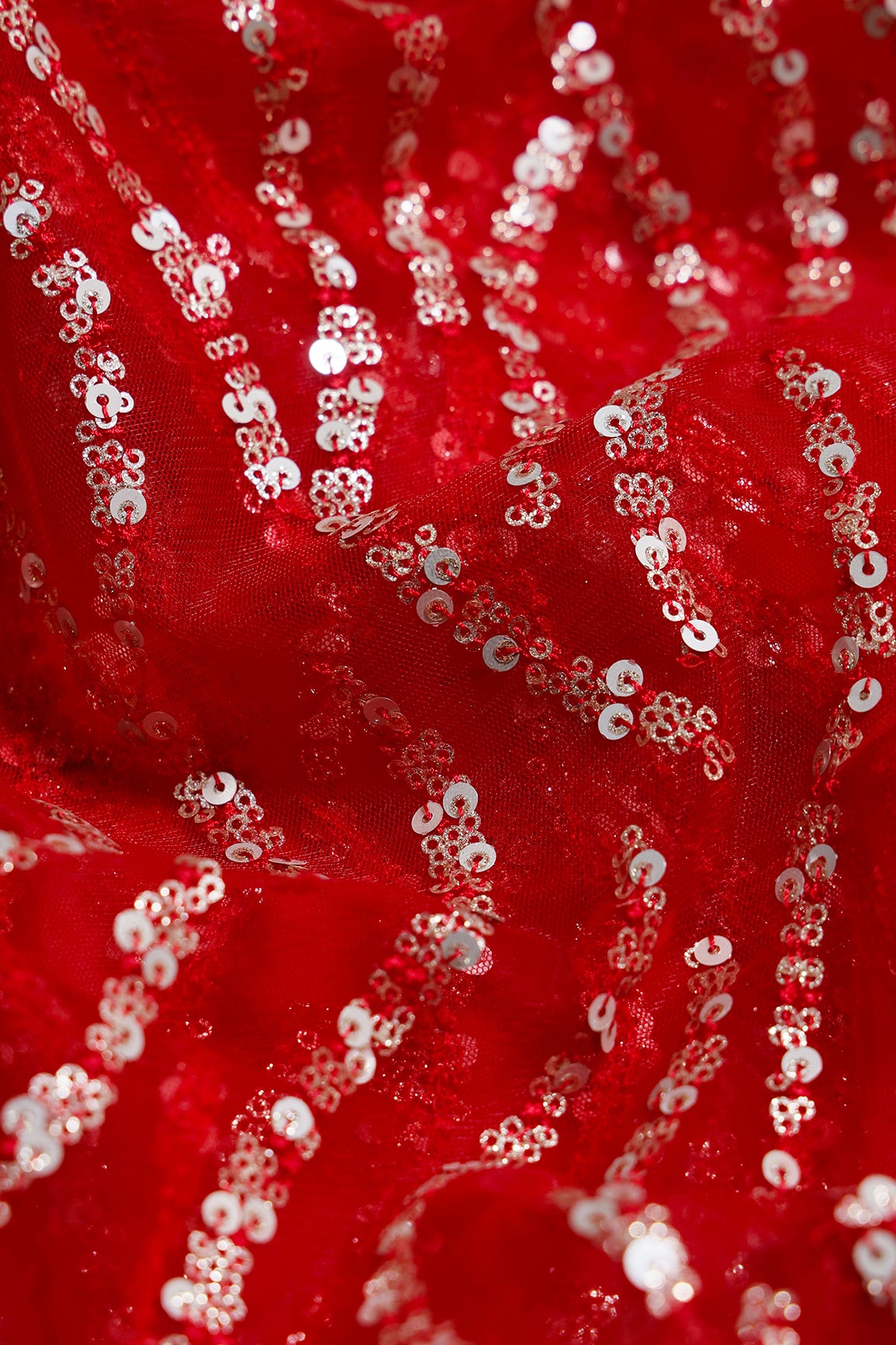 2 Meter Cut Piece Of Gold And Silver Sequins With Red Thread Wavy Embroidery Work On Red Soft Net Fabric
