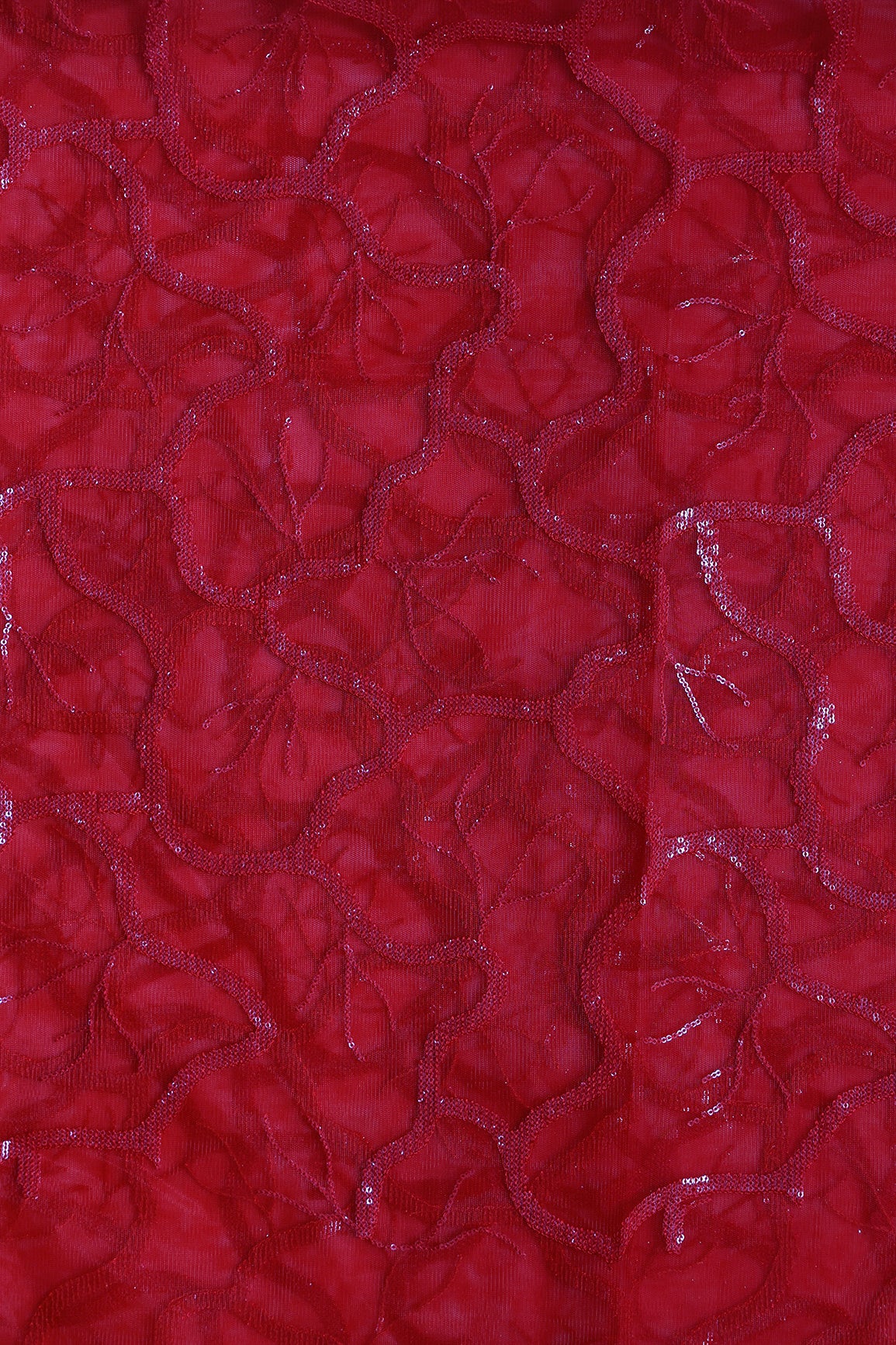 1 Meter Cut Piece Of Red Thread With Water Sequins Abstract Embroidery Work On Red Soft Net Fabric
