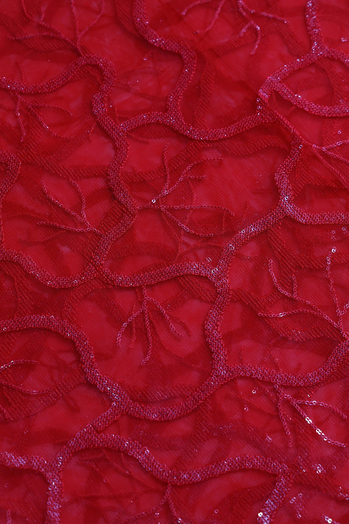 1 Meter Cut Piece Of Red Thread With Water Sequins Abstract Embroidery Work On Red Soft Net Fabric