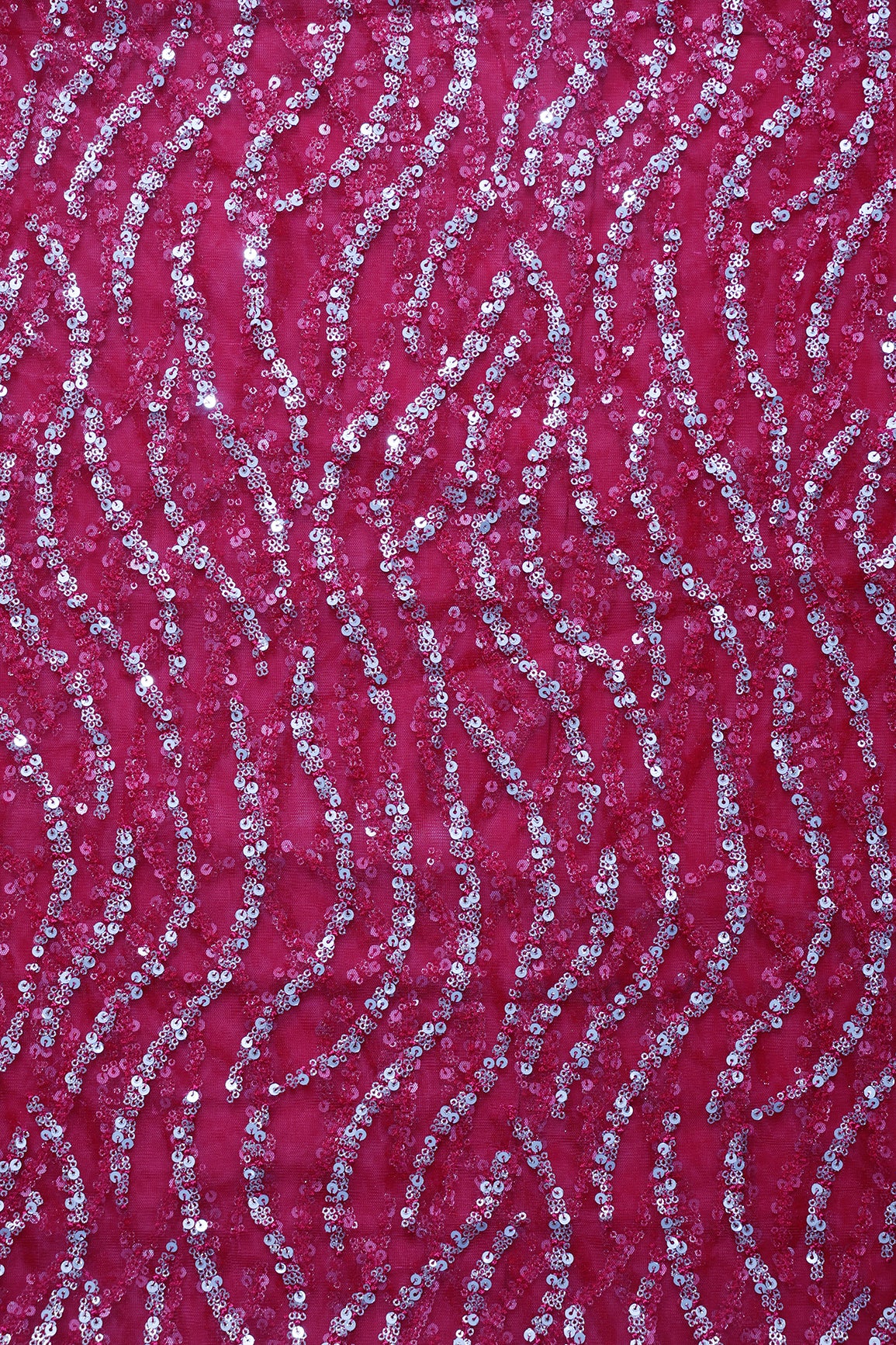 1.20 Meter Cut Piece Of Gold And Silver Sequins With Red Thread Wavy Embroidery Work On Red Soft Net Fabric