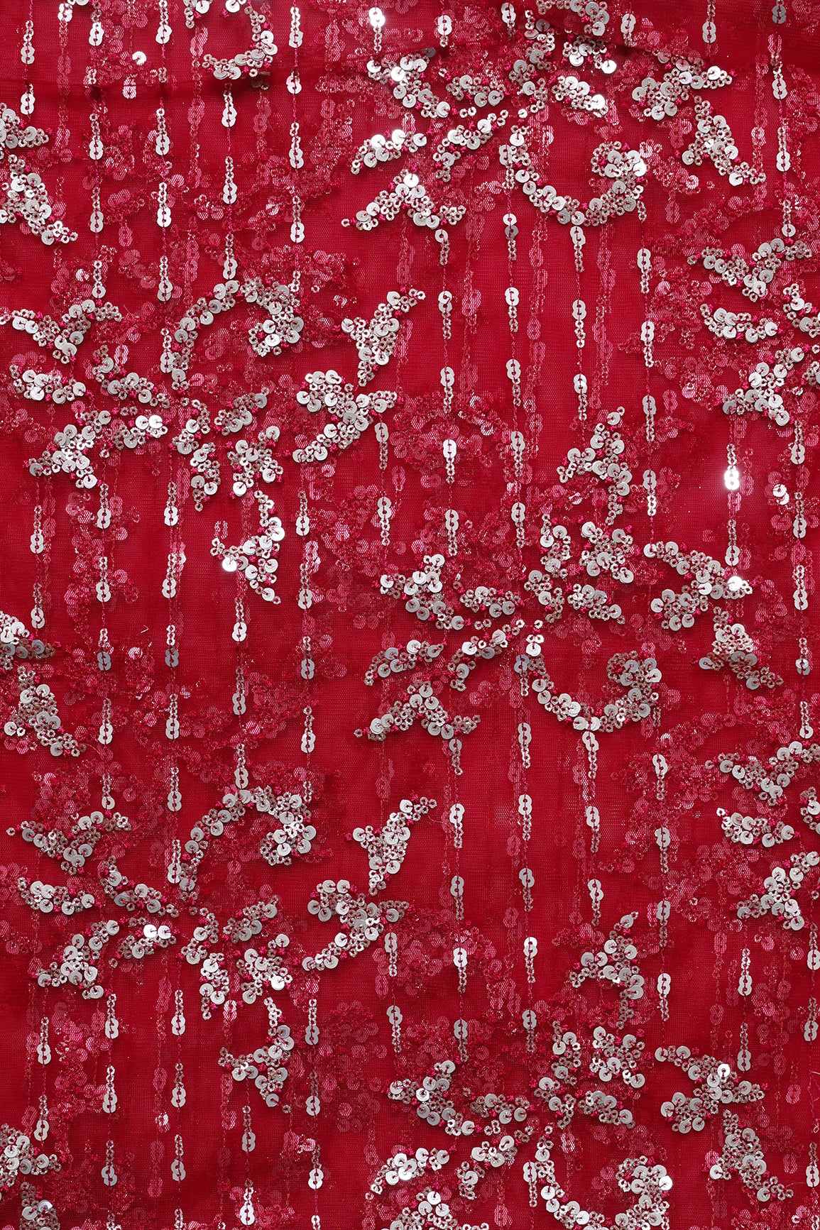 1 Meter Cut Piece Of Gold And Silver Sequins With Red Thread Abstract Embroidery Work On Red Soft Net Fabric