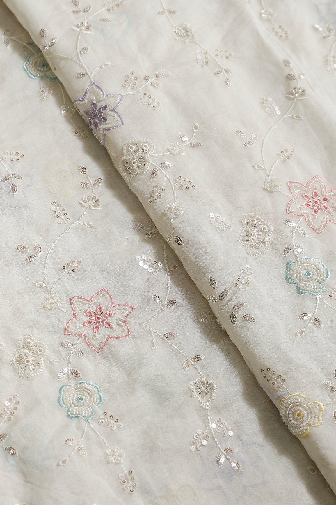 Multi Thread & Beads With Silver Sequins Beautiful Floral Leafy Embroidery Work On Off White Pure Mul Chanderi Silk Fabric