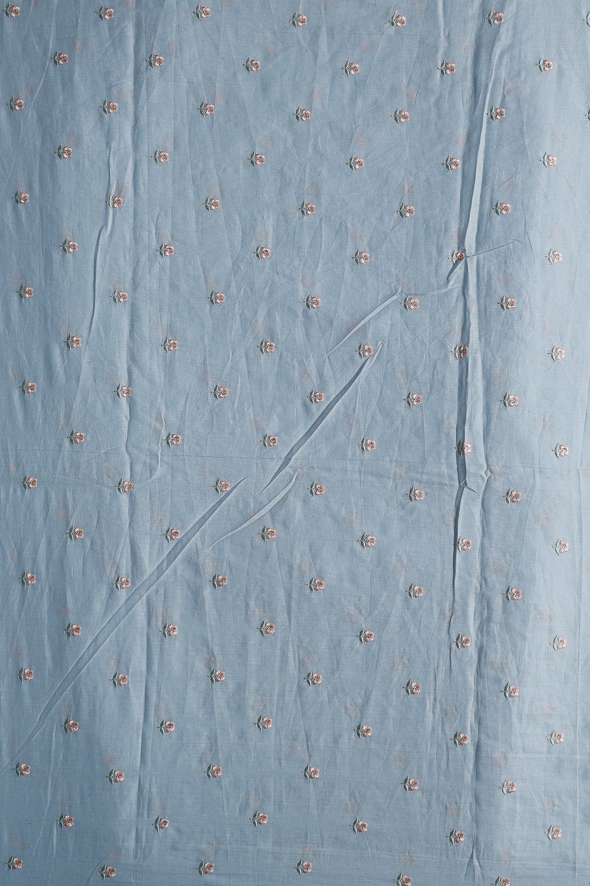 Peach & Olive Thread Small Floral Embroidery Work On Pastel Blue Pure Mul Cotton Fabric