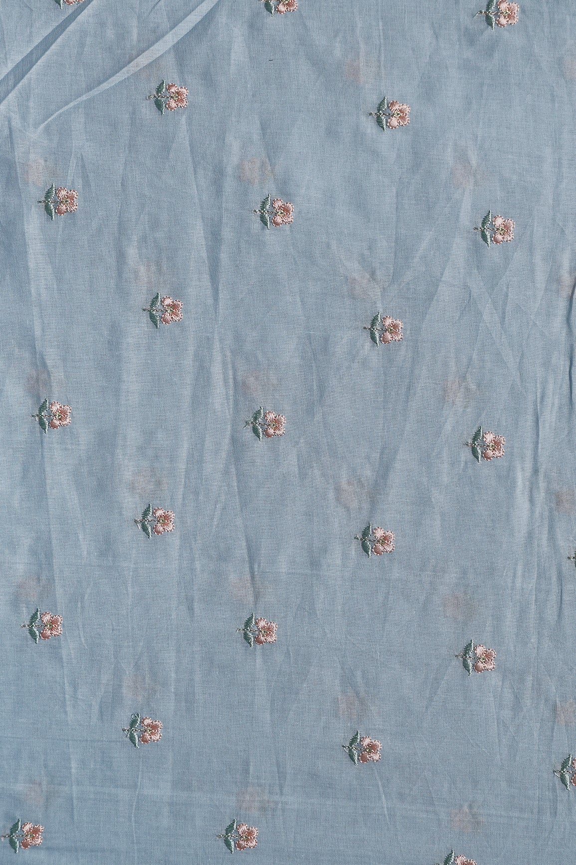 Peach & Olive Thread Small Floral Embroidery Work On Pastel Blue Pure Mul Cotton Fabric