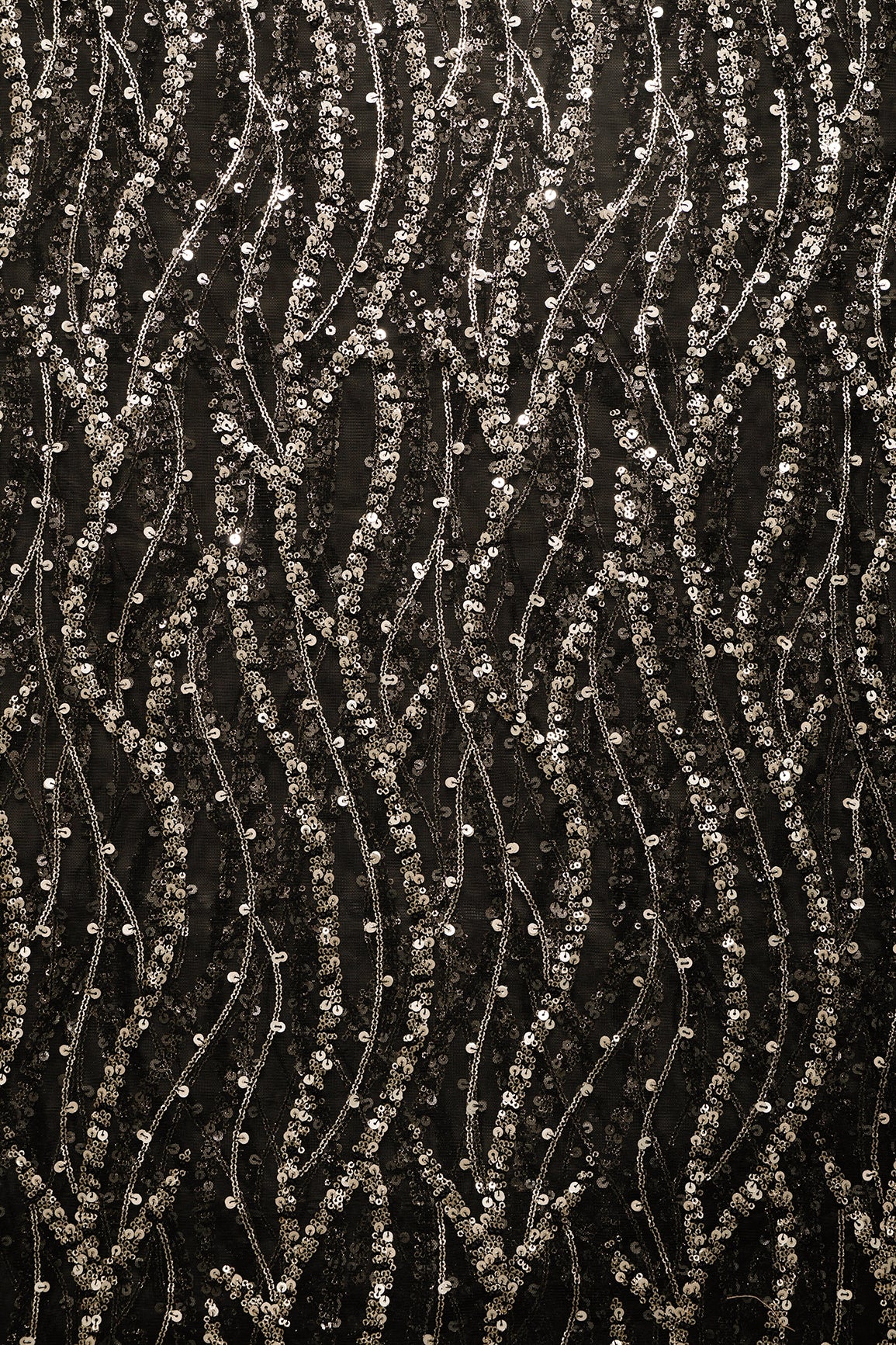 1.75 Meter Cut Piece Of Wavy Black and Gold Sequins Embroidery Work On Black Soft Net Fabric