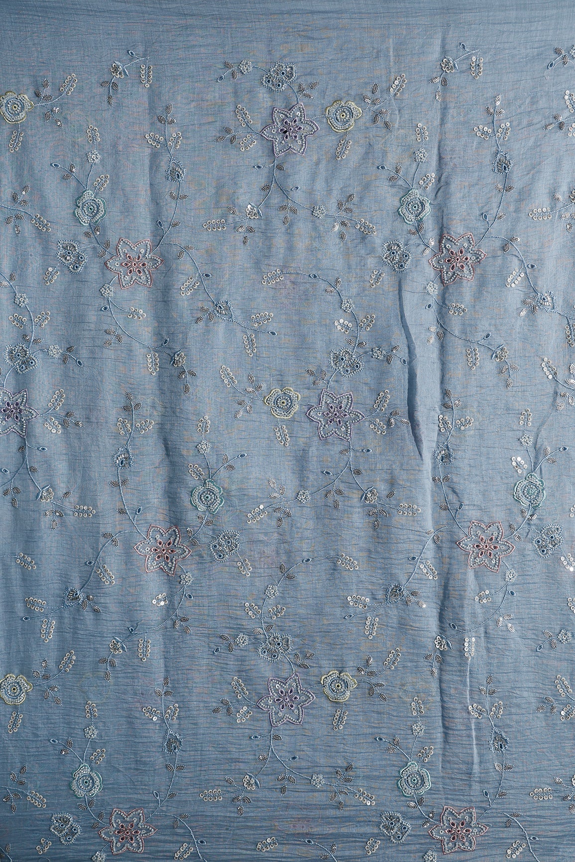 Multi Thread & Beads With Silver Sequins Beautiful Floral Leafy Embroidery Work On Pastel Blue Pure Mul Chanderi Silk Fabric
