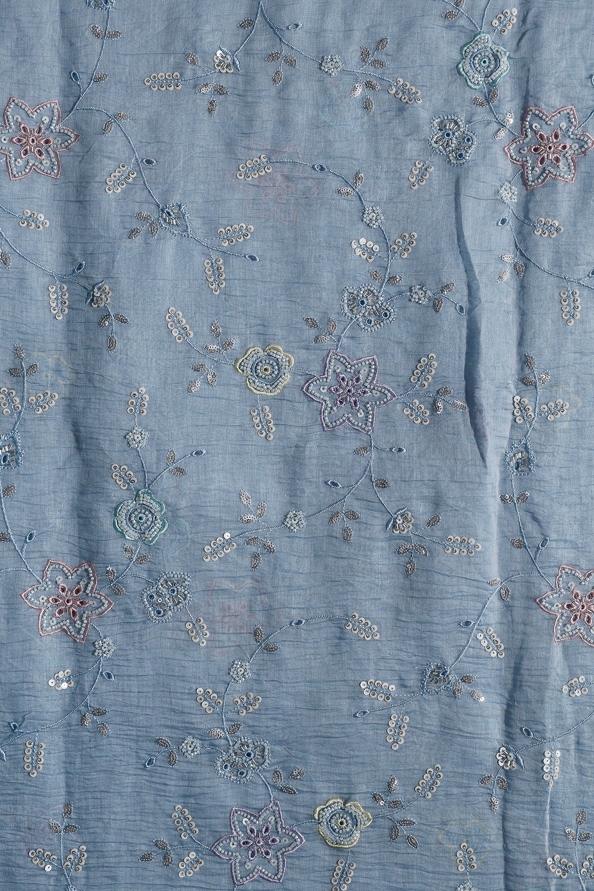 Multi Thread & Beads With Silver Sequins Beautiful Floral Leafy Embroidery Work On Pastel Blue Pure Mul Chanderi Silk Fabric
