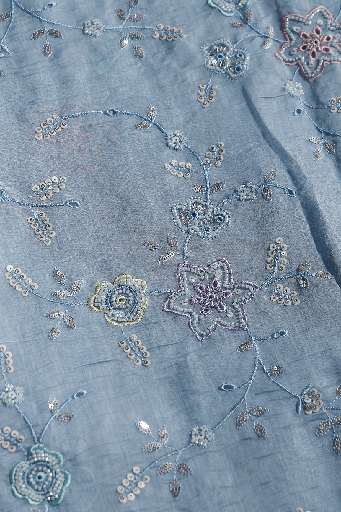 Multi Thread & Beads With Silver Sequins Beautiful Floral Leafy Embroidery Work On Pastel Blue Pure Mul Chanderi Silk Fabric