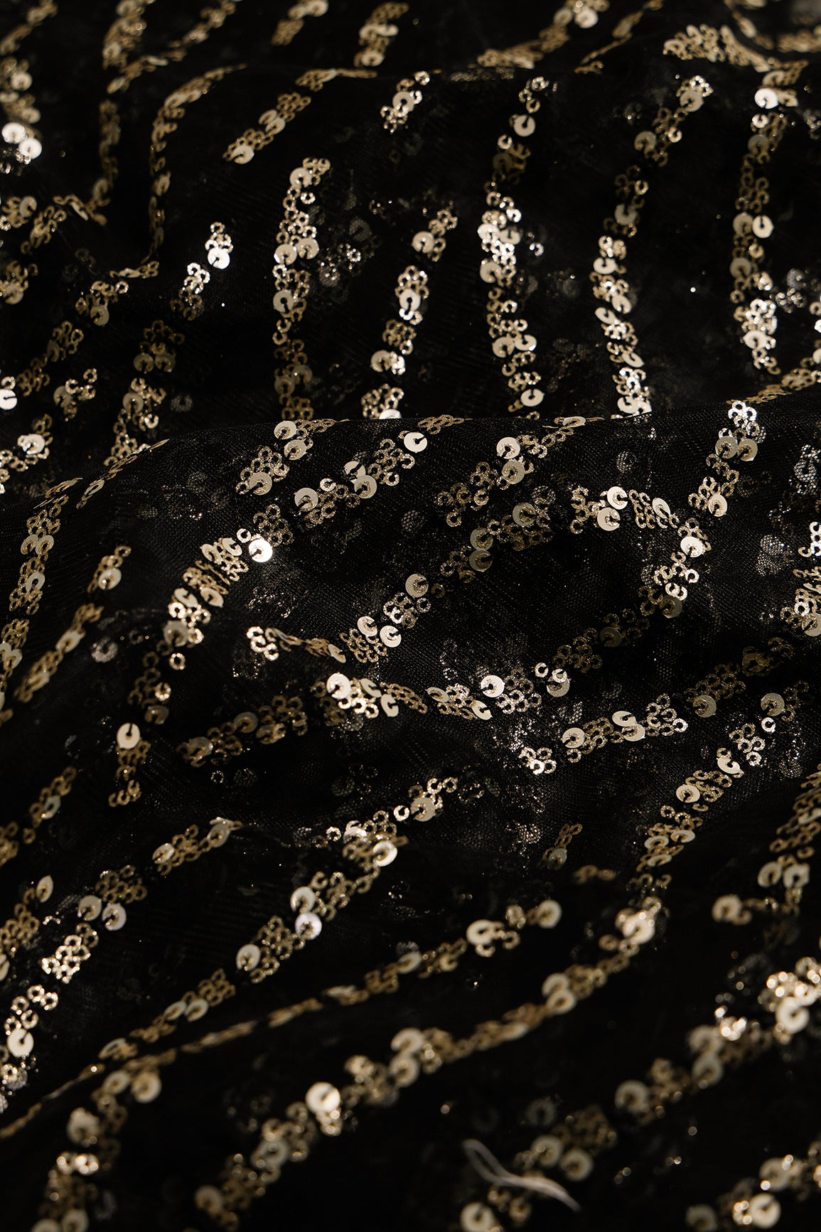 1.50 Meter Cut Piece Of Wavy Black and Gold Sequins Embroidery On Black Net