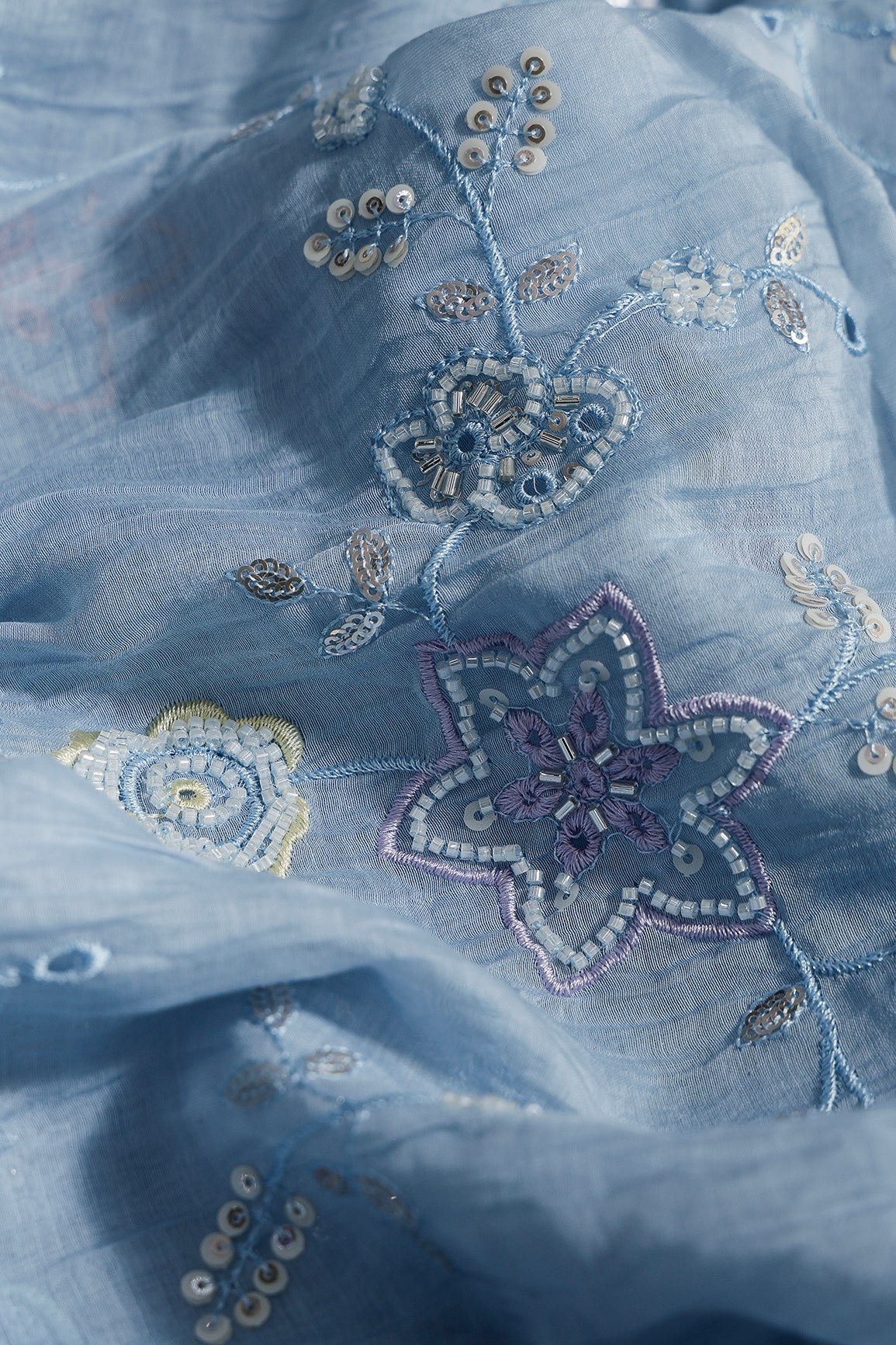 Multi Thread & Beads With Silver Sequins Beautiful Floral Leafy Embroidery Work On Pastel Blue Pure Mul Chanderi Silk Fabric