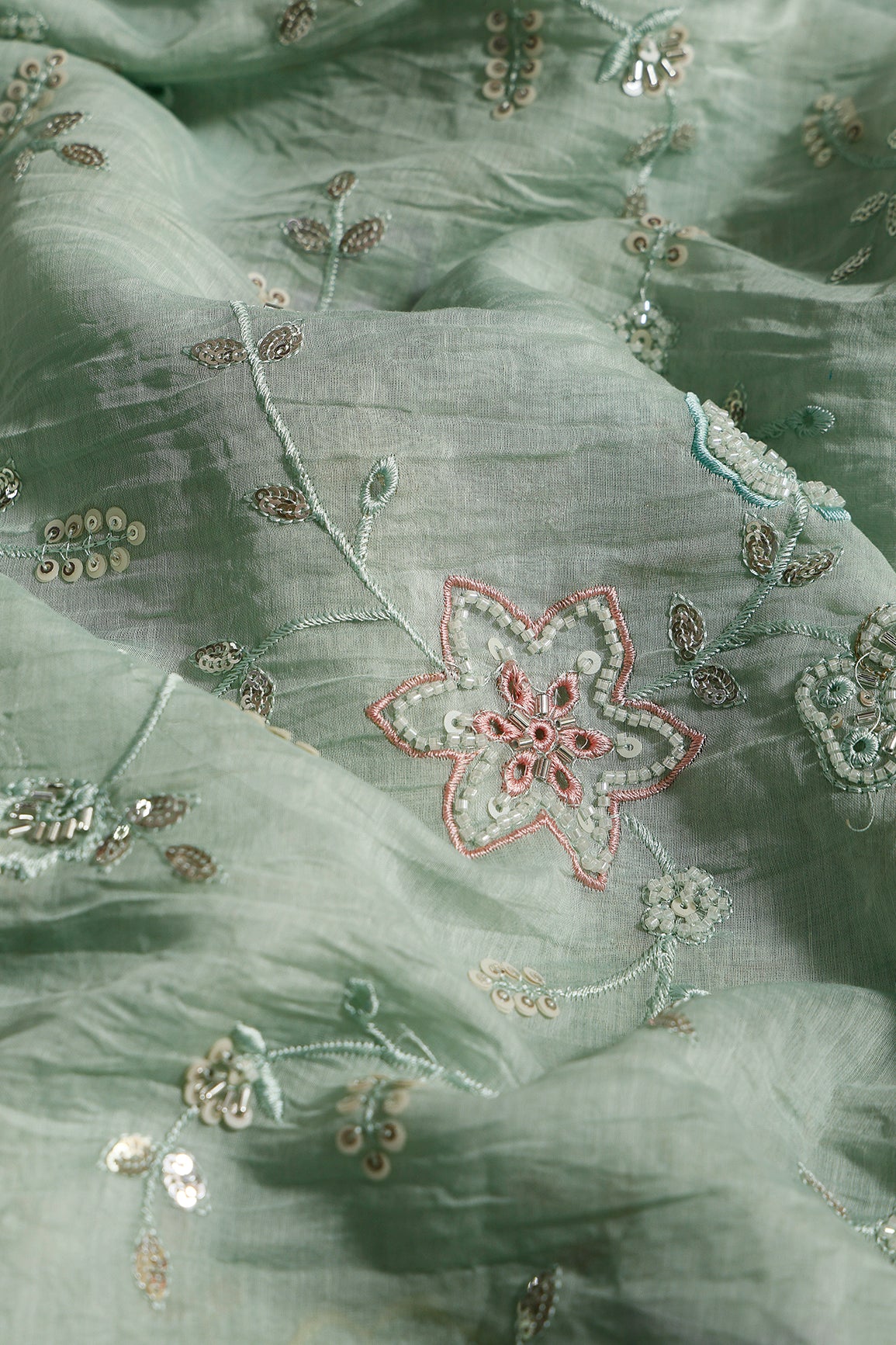 Multi Thread & Beads With Silver Sequins Beautiful Floral Leafy Embroidery Work On Pastel Olive Green Pure Mul Chanderi Silk Fabric