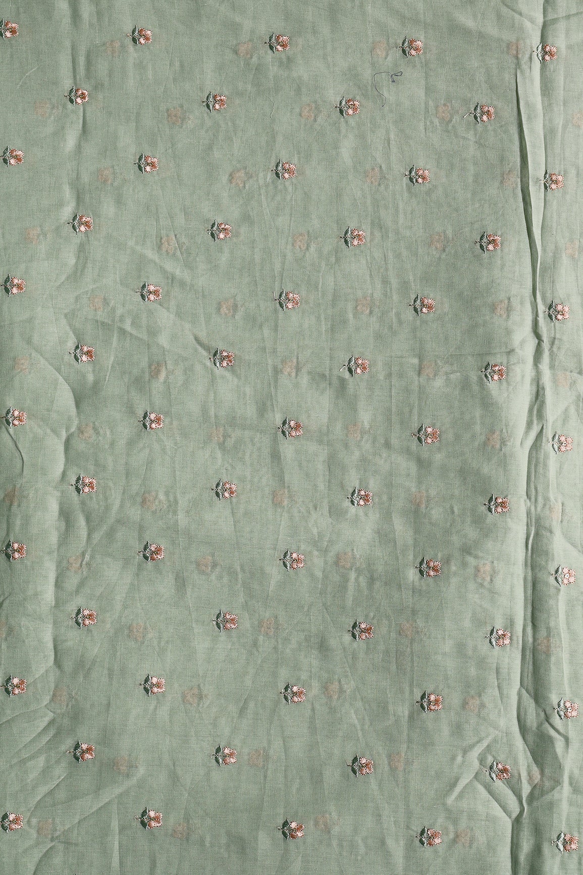 Peach & Olive Thread Small Floral Embroidery Work On Pastel Olive Green Pure Mul Cotton Fabric