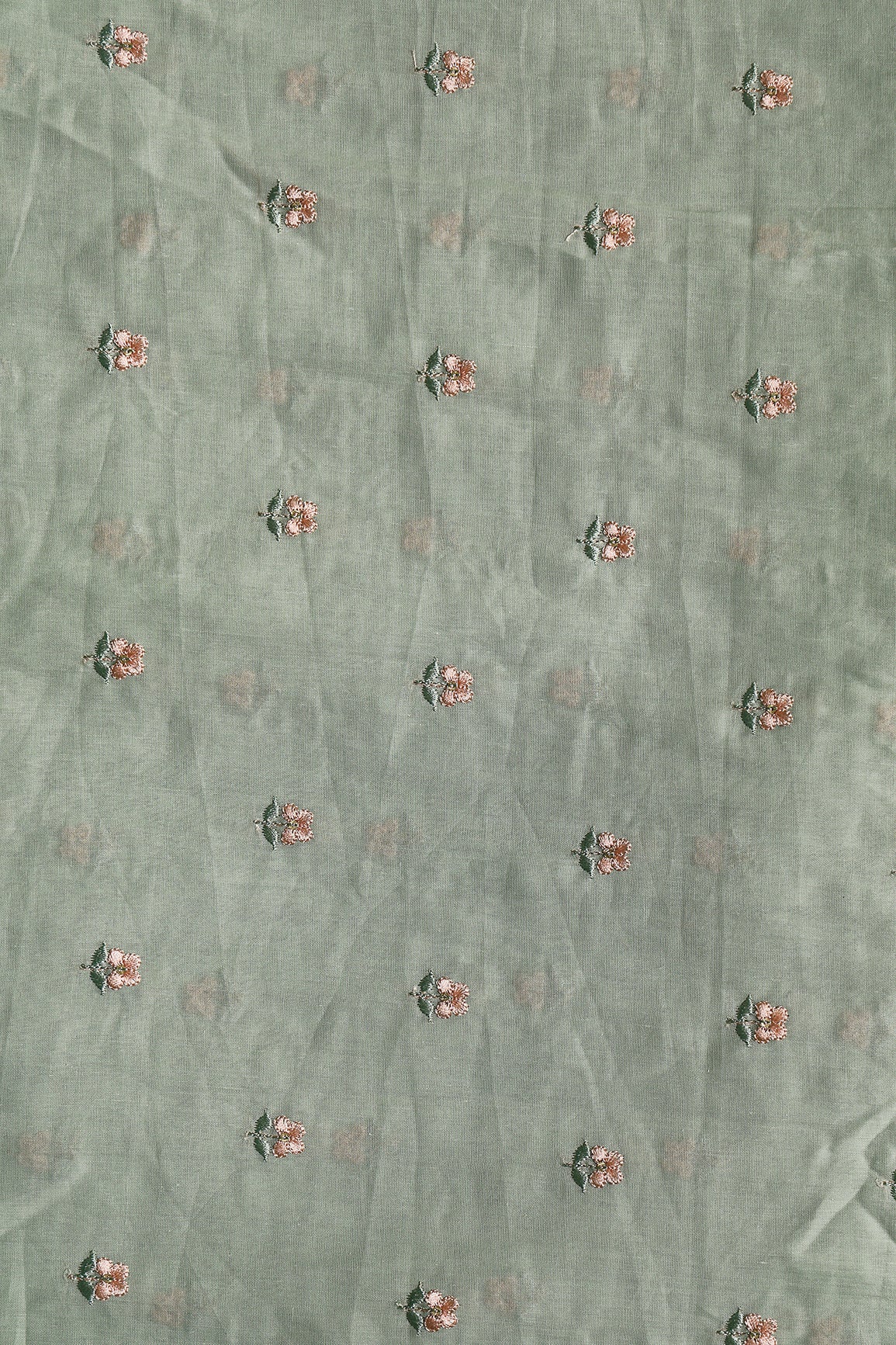 Peach & Olive Thread Small Floral Embroidery Work On Pastel Olive Green Pure Mul Cotton Fabric
