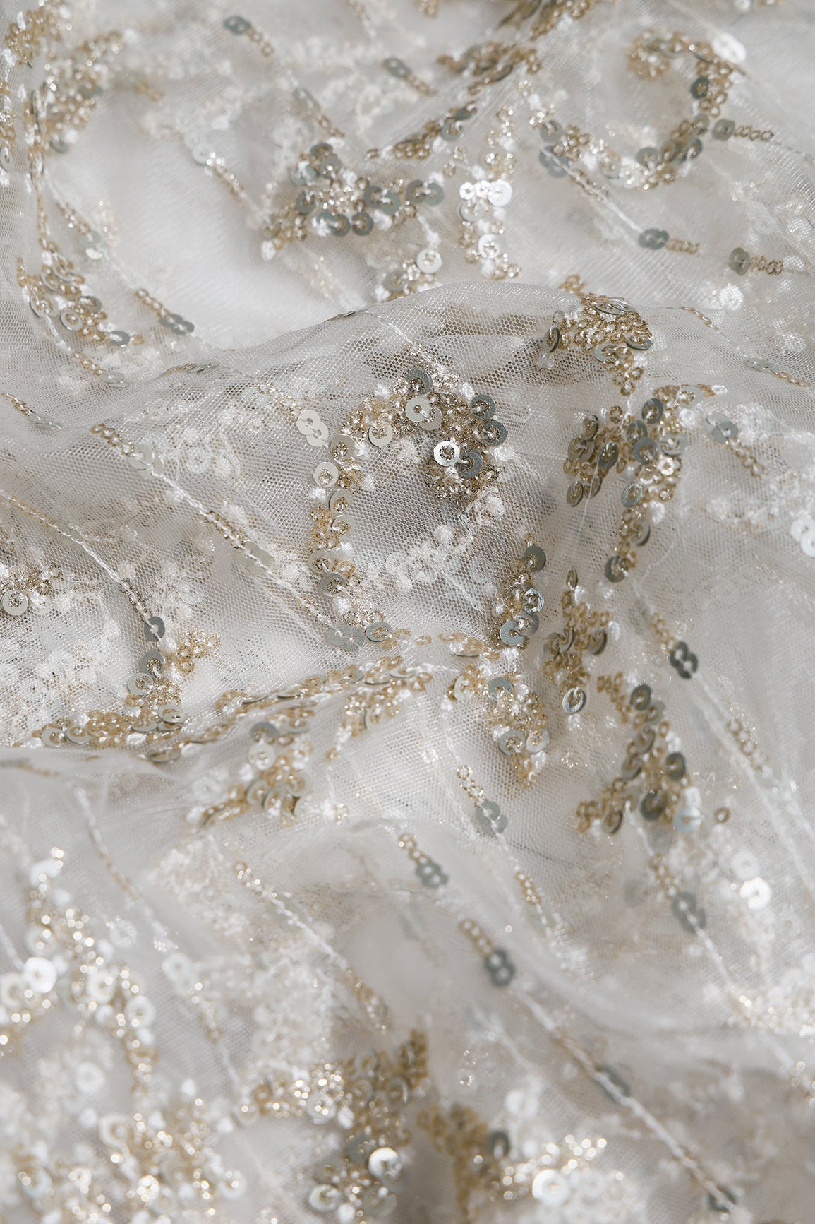 2 Meter Cut Piece Of Gold And Silver Sequins With White Thread Abstract Embroidery Work On White Soft Net Fabric