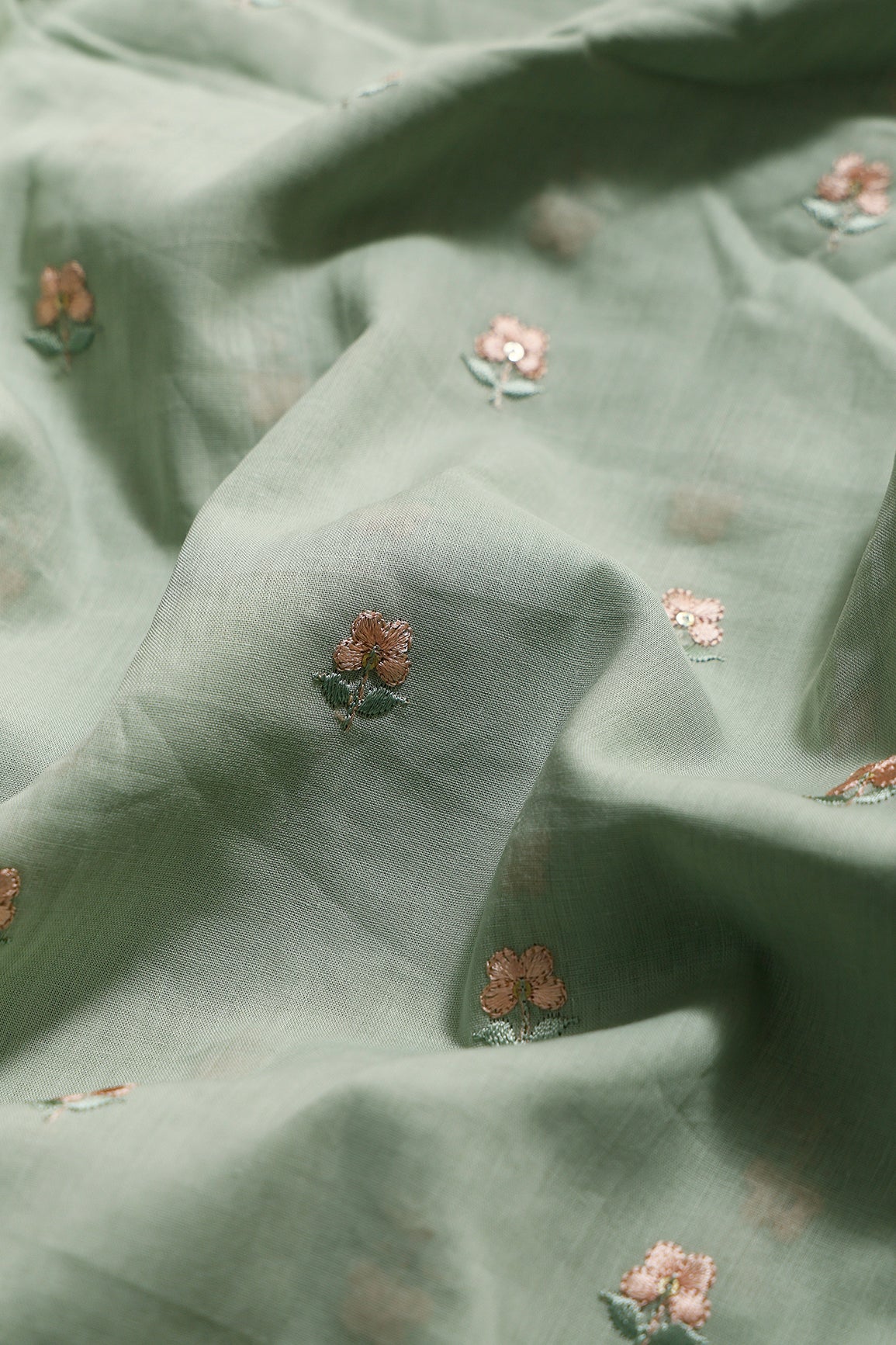 Peach & Olive Thread Small Floral Embroidery Work On Pastel Olive Green Pure Mul Cotton Fabric