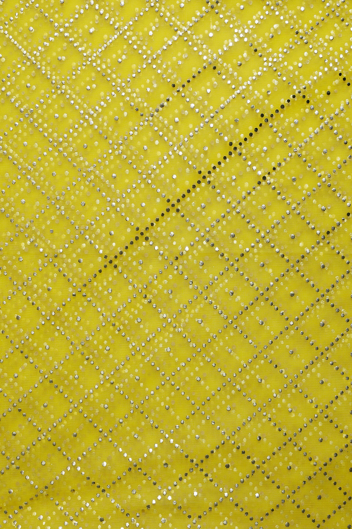2.50 Meter Cut Piece Of Checks Pattern With Foil Print On Yellow Soft Net Fabric