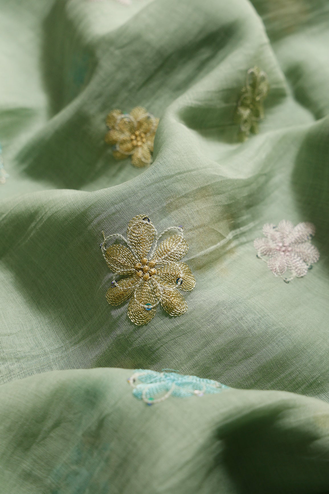 Beautiful Multi Thread With Multi Sequins Floral Embroidery Work On Pastel Olive Green Pure Mul Chanderi Silk Fabric