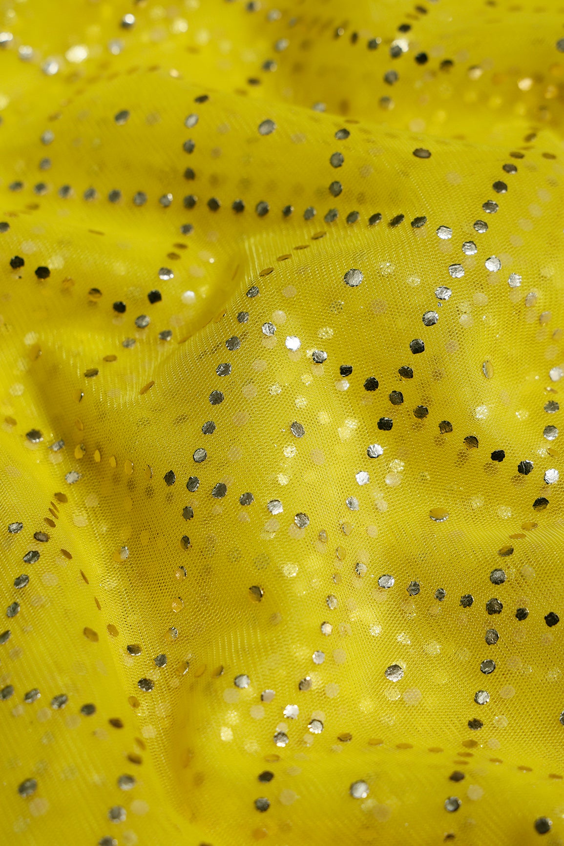 2 Meter Cut Piece Of Checks Pattern With Foil Print On Yellow Soft Net Fabric