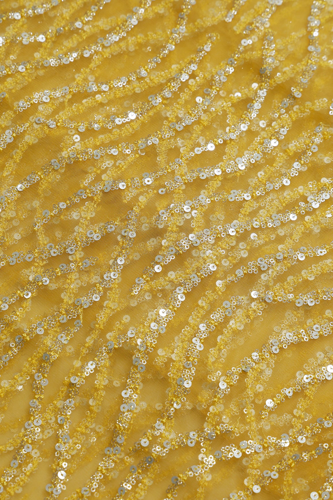 2.50 Meter Cut Piece Of Gold And Silver Sequins With Yellow Thread Wavy Embroidery Work On Yellow Soft Net Fabric