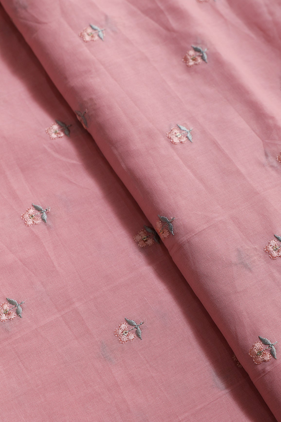 Peach & Olive Thread Small Floral Embroidery Work On Pastel Pink Pure Mul Cotton Fabric