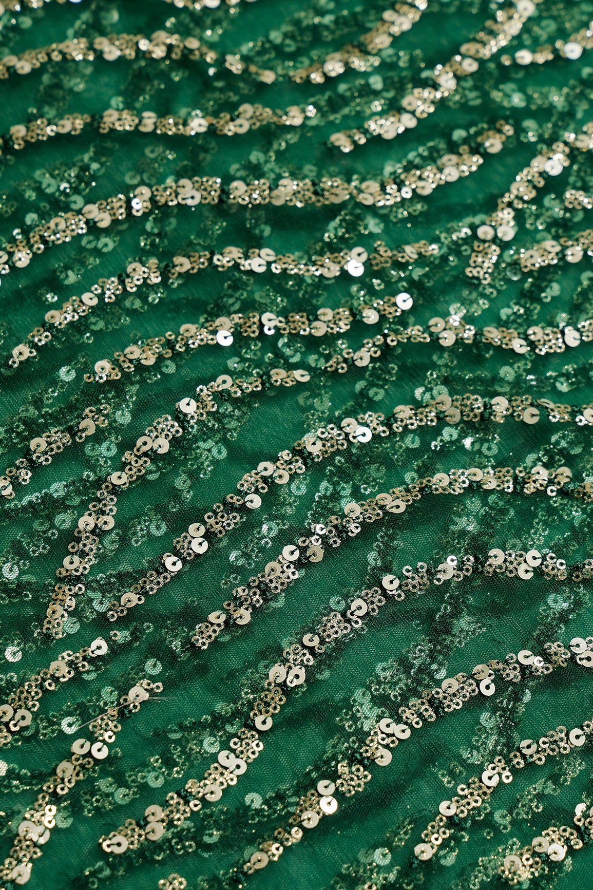 1 Meter Cut Piece Of Gold And Silver Sequins With Bottle Green Thread Embroidery On Bottle Green Soft Net