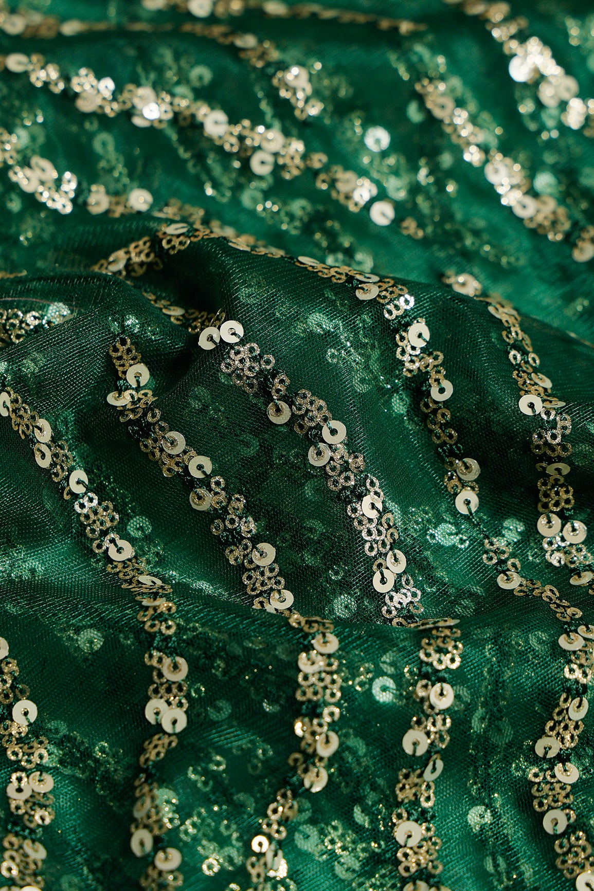 1 Meter Cut Piece Of Gold And Silver Sequins With Bottle Green Thread Embroidery On Bottle Green Soft Net